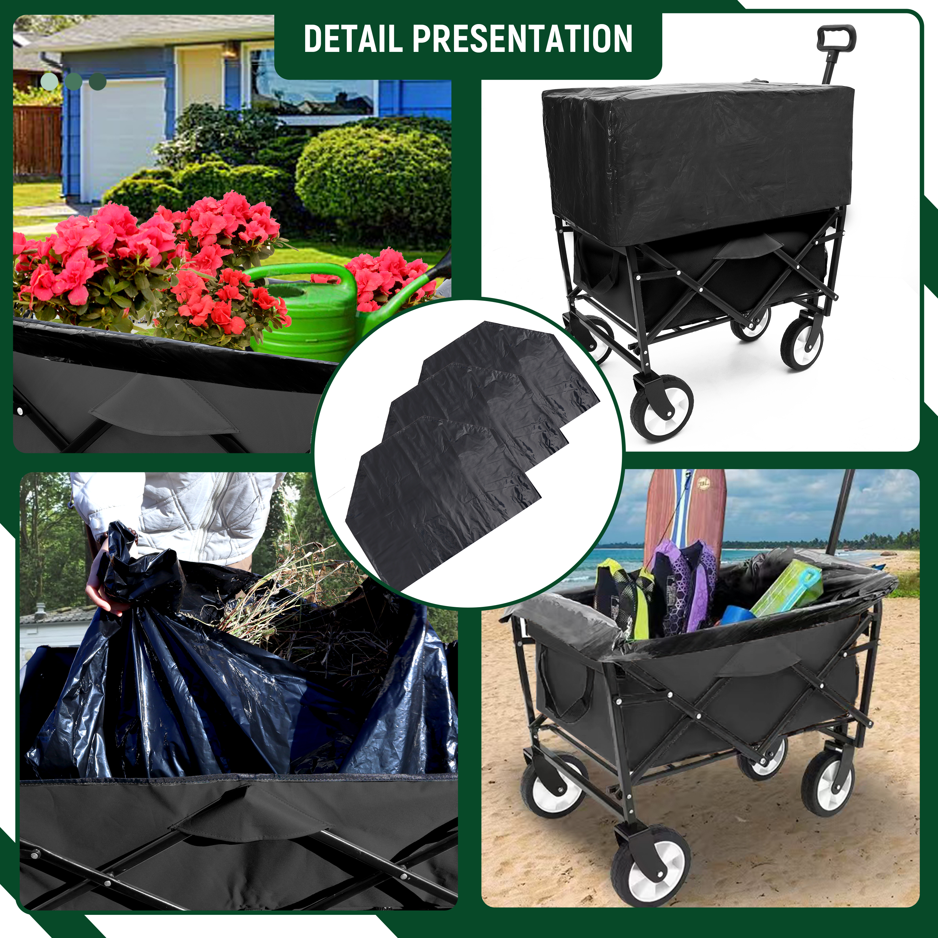 HAOYYE Multi Use Collapsible Foldable Wagon Cart Heavy Duty Utility Cart with 3 Plastic Liner Bags and Cover Grocery Wagon for Beach Camping Picnic Outdoor Travel Black