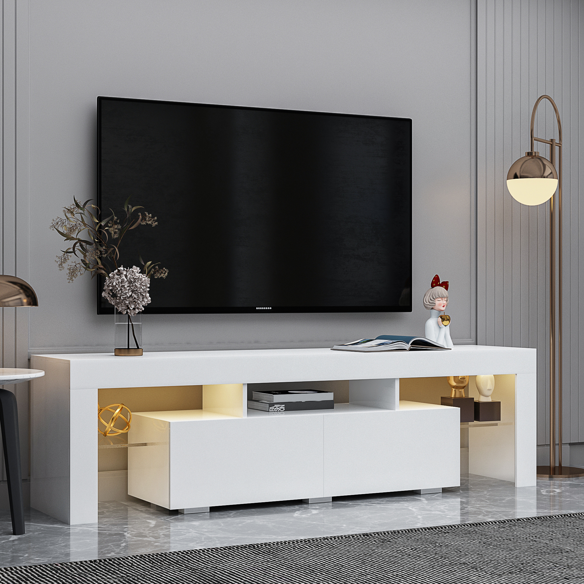 HAOYYE Modern White TV Stand, 20 Colors LED TV Stand w/Remote Control Lights Sturdy Space-Saving Heavy Duty Modern Design Easy Assembly Durable Stylish Home Furniture Versatile