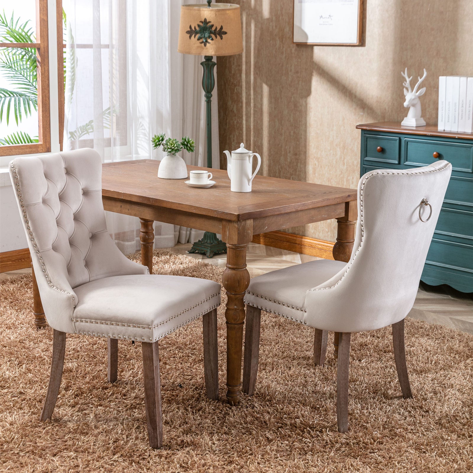 HAOYYE High-end Tufted Solid Wood Contemporary Velvet Upholstered Dining Chair with Wood Legs Nailhead Trim 2-Pcs Set,Beige, SW2001BG Sturdy Space-Saving Heavy Duty Modern Design