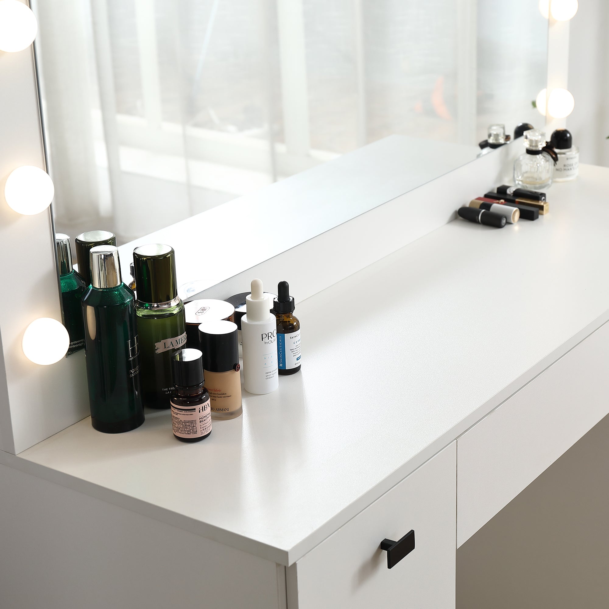 HAOYYE Vanity table with lighted mirror, vanity desk with 3 drawers and storage cabinet,3 color lighting modes adjustable brightness, white color with modern design, luxury style, durable material,.