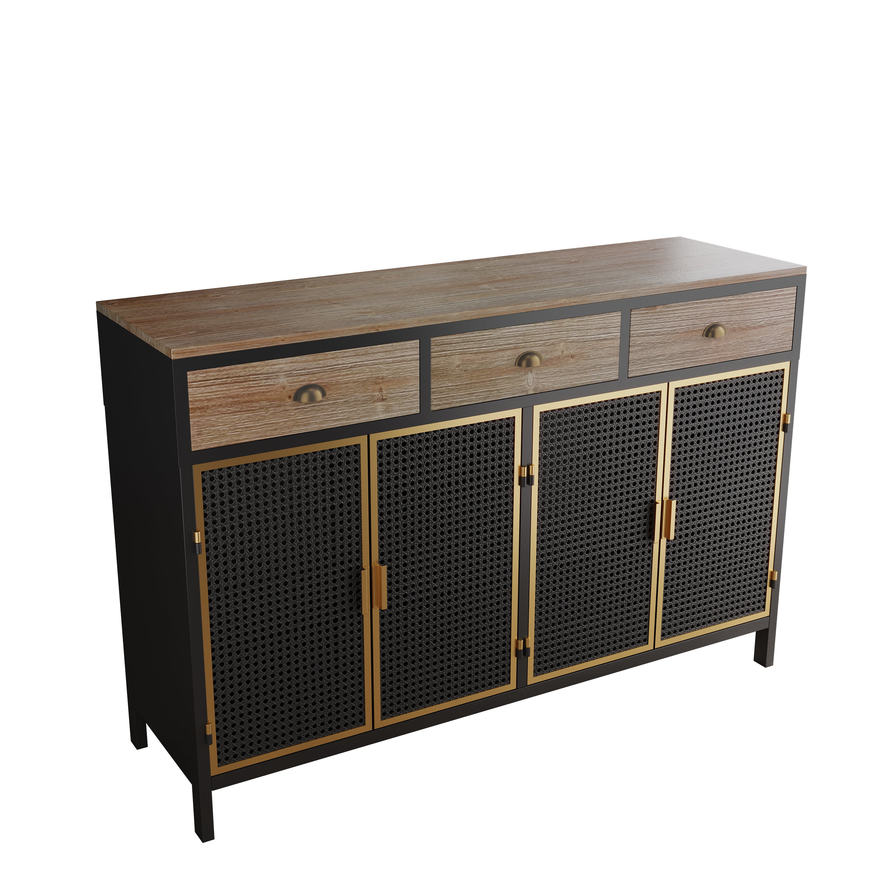 HAOYYE Modern Sideboard With 4 Doors And 3 Top Drawers, Freestanding Storage Cabinet For Entryway, Living Room, Office, Or Bedroom, Sturdy Space-Saving Heavy Duty Design