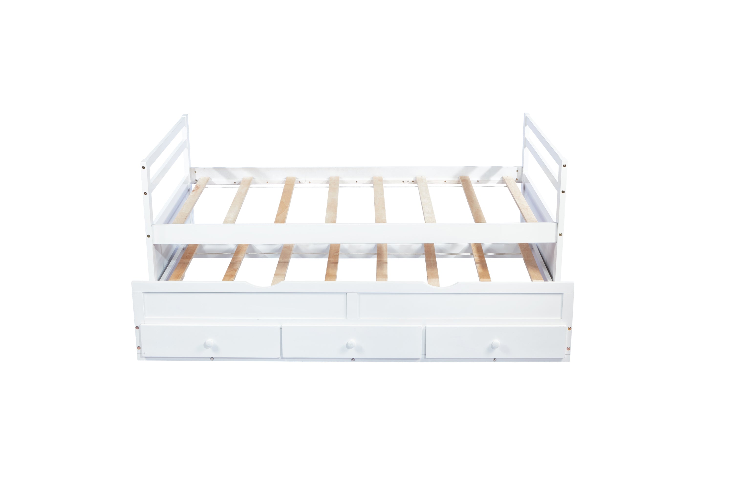 HAOYYE Twin Bed with Headboard, Footboard, Trundle and Storage Drawers, Pine Wood Twin Size Bed, White, Sturdy Space-Saving Heavy Duty Construction, Ideal for Adults and Dorm Rooms