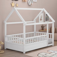 HAOYYE Twin Size Floor Wooden Bed with House Roof Frame, Fence Guardrails,White Sturdy Space-Saving Heavy Duty Modern Design Adults Dorm Room Easy Assembly Bedroom Furniture