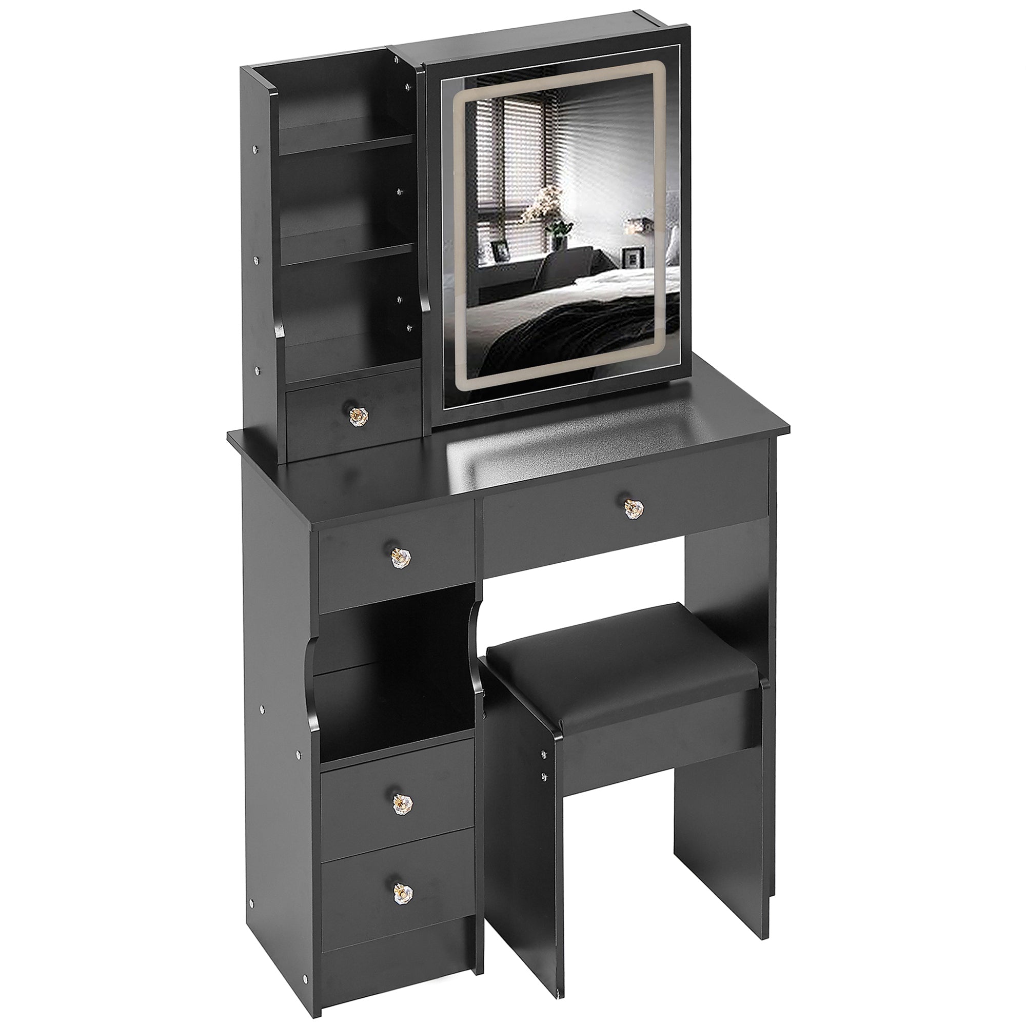 HAOYYE Small Size Left Drawer Desktop Vanity Table + Cushioned Stool, Touch Control Sliding LED Mirror, Tri-color Switching, Brightness Adjust, Multi Layer, Suitable for Small Space, EPA,GCC,UL Certificate