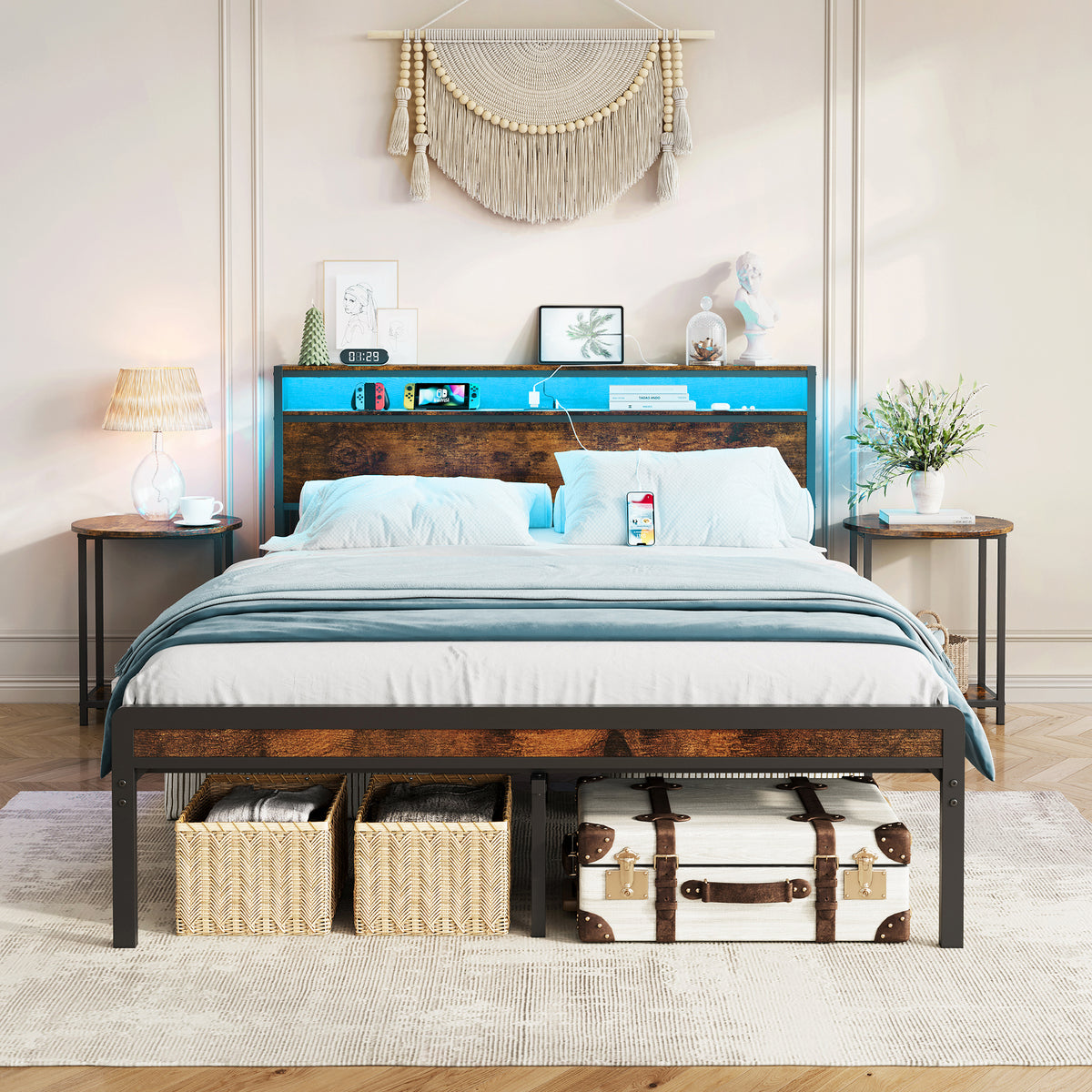 HAOYYE Full Size Metal Bed Frame with Headboard and Footboard, LED Lighting, Black Heavy Duty Mattress Foundation with Steel Slat Support, Noise Free,81.73"L x 54.13"W x 38.96"H Sturdy Space-Saving