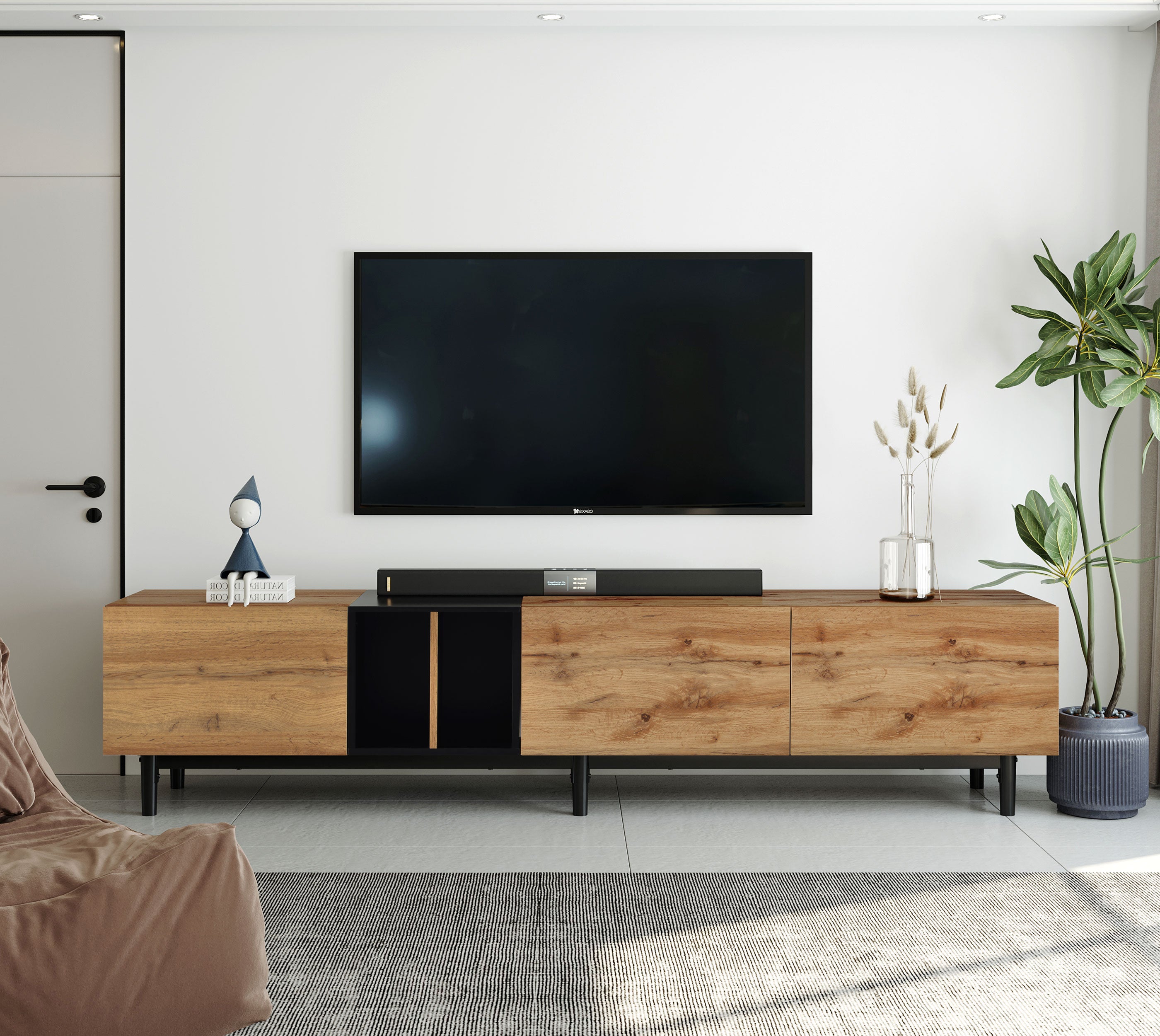 HAOYYE Modern TV Stand for 80'' TV with 3 Doors, Media Console Table, Entertainment Center with Large Storage Cabinet for Living Room, Bedroom Sturdy Space-Saving Heavy Duty Modern Design Adults