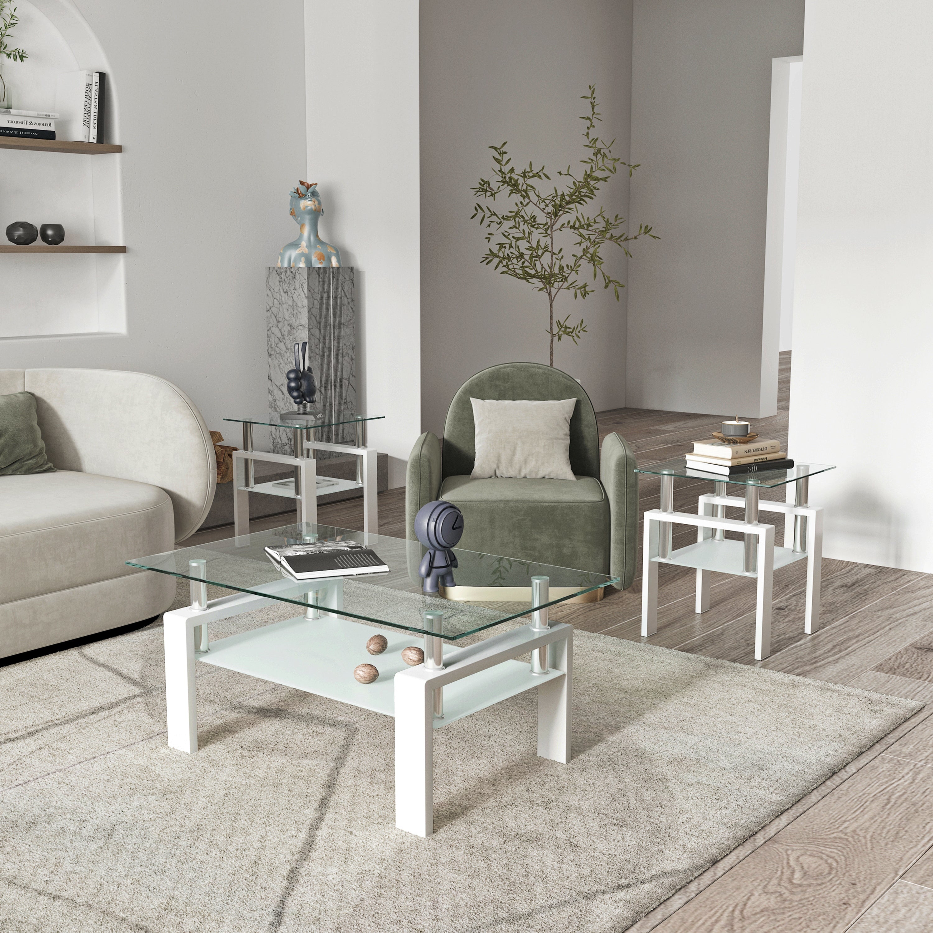 Haoyye Set of 2 Modern Tempered Glass Coffee and Tea Tables, Square Transparent and White Side Tables for Living Room, Sturdy Heavy Duty Space-Saving Design, Easy Assembly for Adults and Dorm Rooms