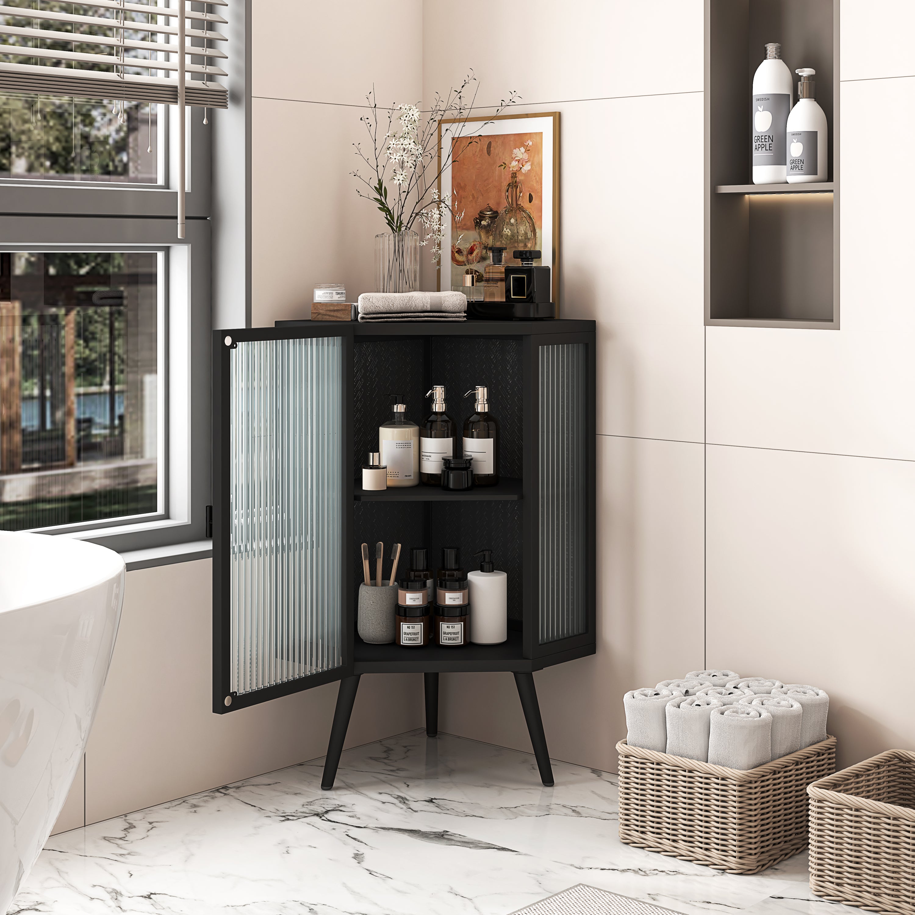 HAOYYE 22.25" Floor Coner Cabinet with Tempered Glass Door & Storage Shelves for Bathroom, Living Room, Bedroom (Black) Sturdy Space-Saving Heavy Duty Modern Design Adults Dorm Room Easy Assembly