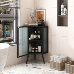 HAOYYE 22.25" Floor Coner Cabinet with Tempered Glass Door & Storage Shelves for Bathroom, Living Room, Bedroom (Black) Sturdy Space-Saving Heavy Duty Modern Design Adults Dorm Room Easy Assembly
