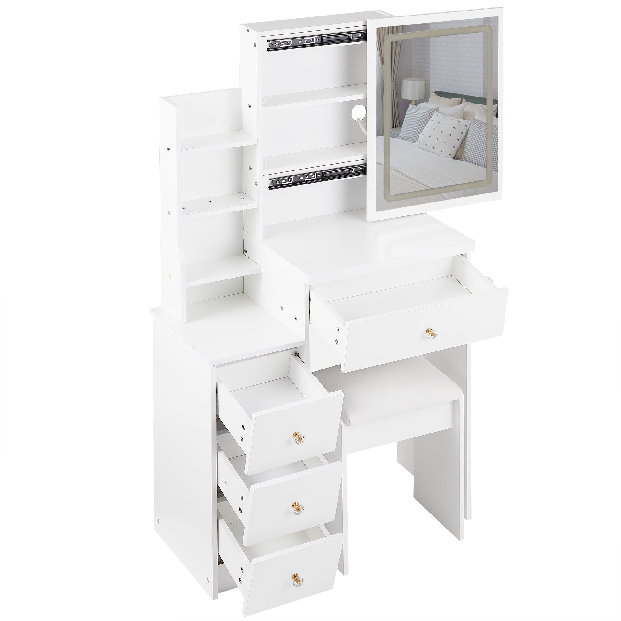 HAOYYE Small Size Left Bedside Cabinet Vanity Table + Cushioned Stool, 2 AC+2 USB Power Station, Hair dryer bracket, Extra Large Touch Control Sliding LED Mirror, Tri-color Switching, EPA,GCC,UL Certificate