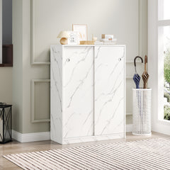 HAOYYE Marble white shoe cabient with sliding door have 6 layers can storage at least30 pairs shoes Sturdy Space-Saving Heavy Duty Modern Design Adults Dorm Room Easy Assembly Bedroom Furniture