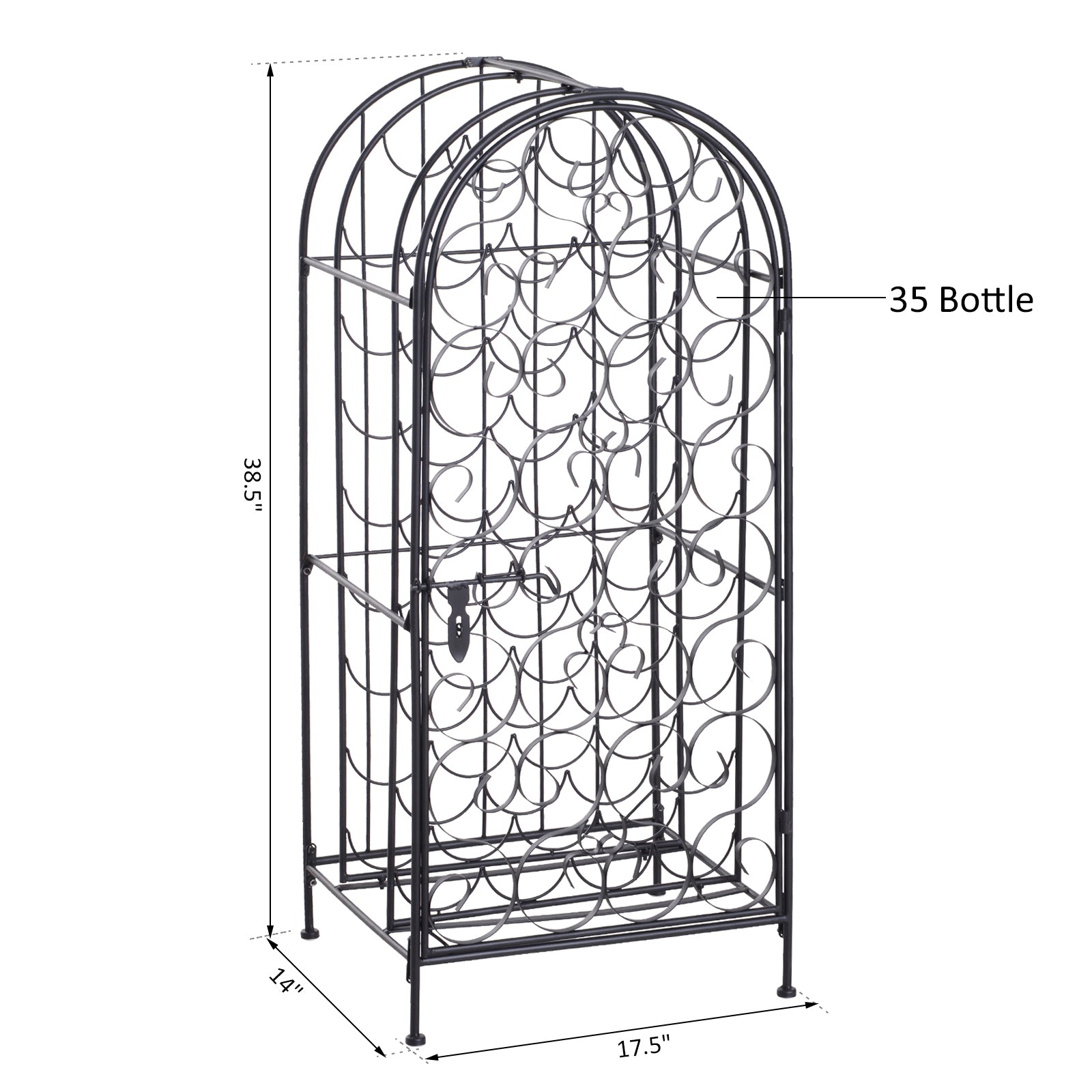 Haoyye Wrought Iron Wine Rack Cabinet with Lock, 35 Bottle Metal Wine Storage Holder with Vintage Scrollwork Design, Sturdy Freestanding Organizer for Kitchen, Dining Room, Home Bar, Space-Saving Modern Black Wine Shelf