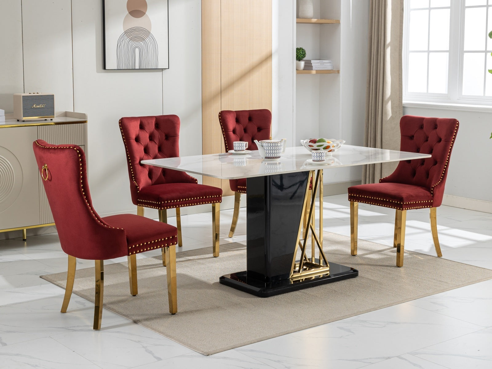 HAOYYE Nikki Collection Modern, High-end Tufted Solid Wood Contemporary Velvet Upholstered Dining Chair with Golden Stainless Steel Plating Legs,Nailhead Trim,Set of 2,Wine Red and Gold, SW1601WR,Burgundy