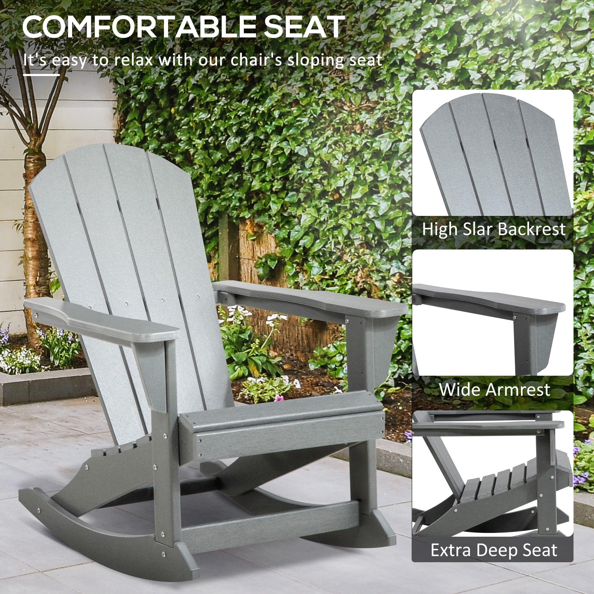 HAOYYE Light Gray Garden Rocking Chair with Curved Armrests and Slatted Backrest, Comfortable Outdoor Patio Rocker Chair for Porch Deck Balcony Relaxation, Heavy Duty Steel Frame, Weather Resistant