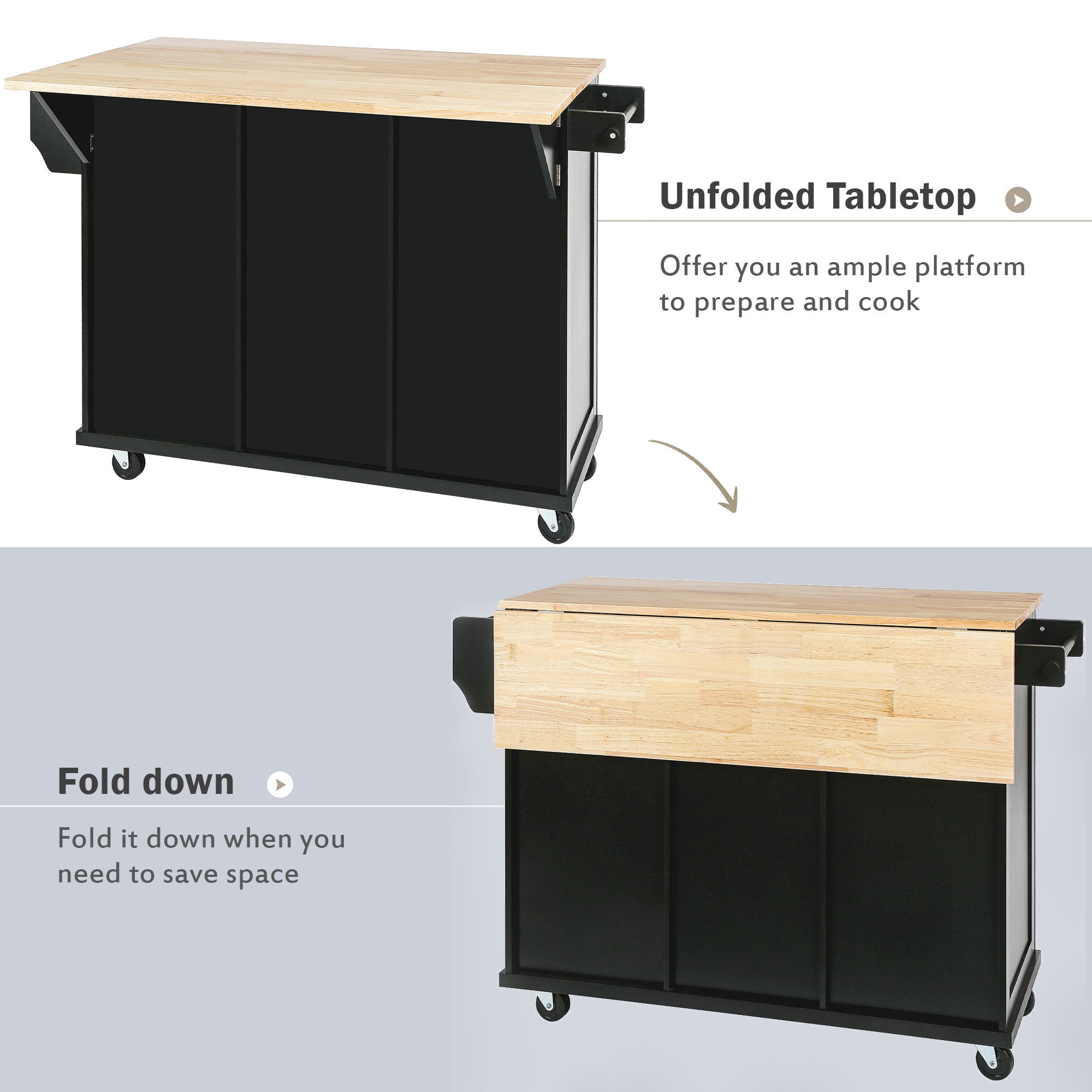 HAOYYE Kitchen Cart with Rubberwood Drop-Leaf Countertop, Internal Storage Racks, 5-Wheel Kitchen Island with Storage Cabinet and 3 Drawers, Black, Sturdy Space-Saving Design, Durable and Stylish Home Furniture