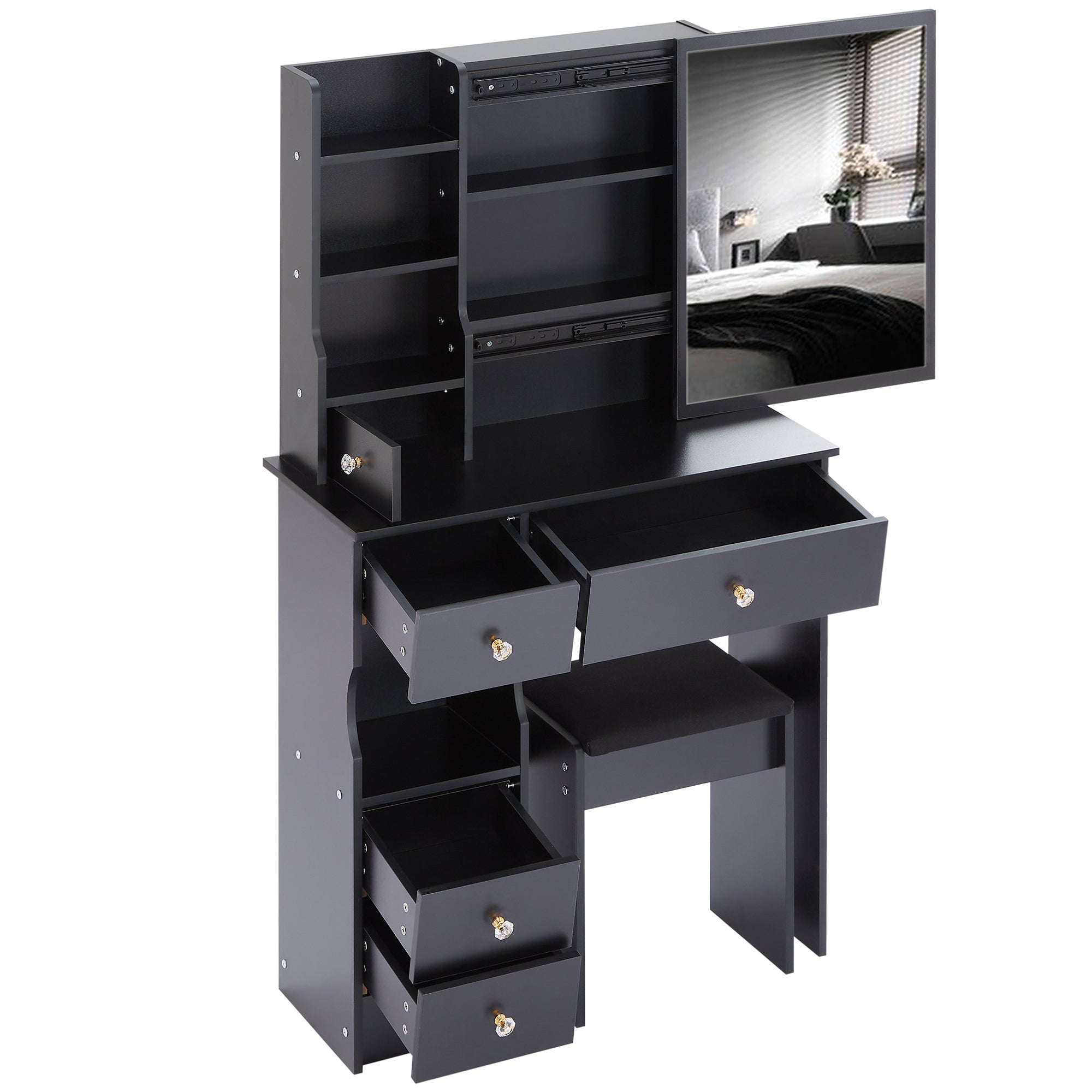 HAOYYE Small Size Left Drawer Desktop Vanity Table + Cushioned Stool, Extra Large Sliding Mirror, Multi Layer, High Capacity Storage Fashionable Dresser, Suitable for Small Space, EPA,GCC,UL Certificate