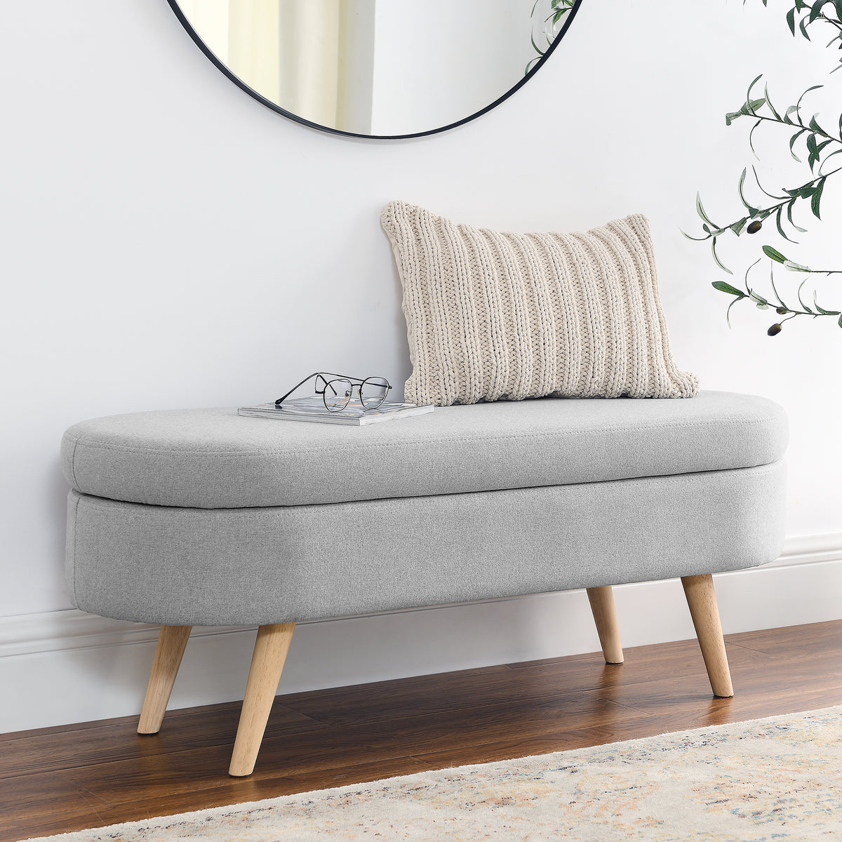 HAOYYE Ottoman Oval Storage Bench, Rubber Wood Legs, Grey(43.5"x16"x16") Sturdy Space-Saving Heavy Duty Modern Design Adults Dorm Room Easy Assembly Bedroom Furniture