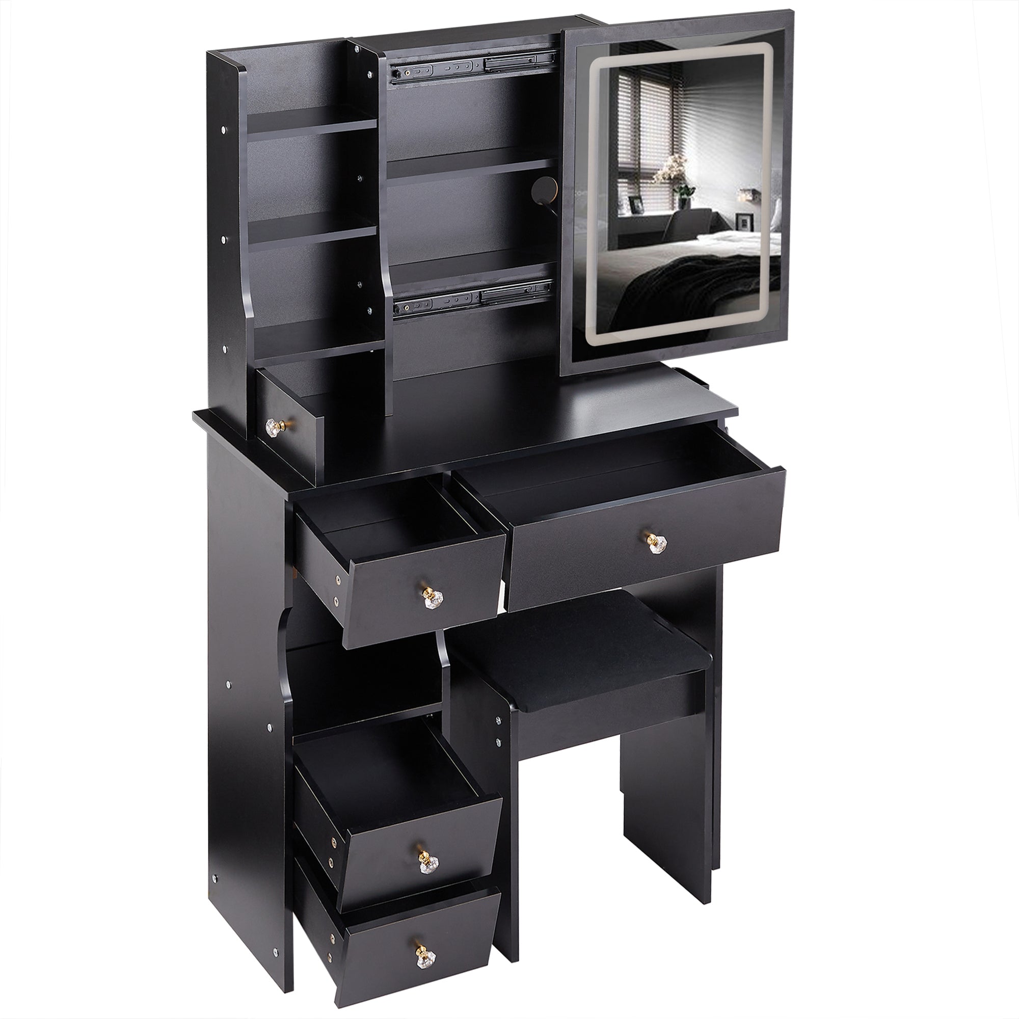 HAOYYE Small Size Left Drawer Desktop Vanity Table + Cushioned Stool, 2 AC+2 USB Power Station, Hair dryer bracket, Extra Large Touch Control Sliding LED Mirror, Tri-color Switching, EPA,GCC,UL Certificate