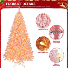 HAOYYE Snowy Pink Pre-Lit Christmas Tree 7 FT Hinged Artificial Pine Tree with 1000 Branch Tips 400 LED Lights Remote Control Holiday Decoration for Home Office Party Lifelike PVC Branches Sturdy Metal Stand