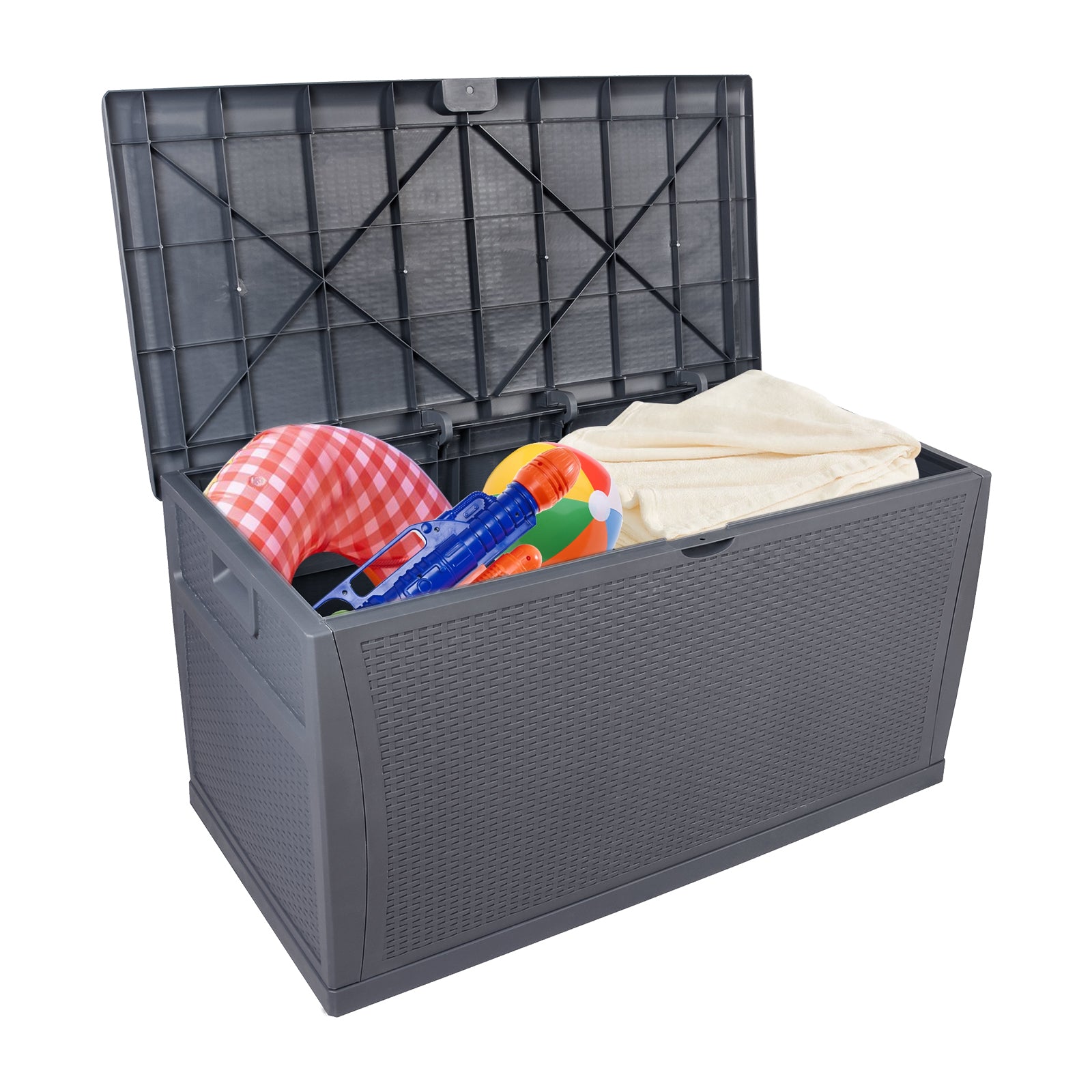 HAOYYE 120 Gallon Outdoor Plastic Storage Deck Box Waterproof Lockable Garden Chest with Lid for Patio Tools Cushions Pool Accessories Toys Backyard Bench Style Container with Seating Function 460 Liter Capacity