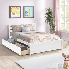 HAOYYE Full Size Wood Platform Bed Frame with 4 Storage Drawers and Headboard of White Color for All Ages Sturdy Space-Saving Heavy Duty Modern Design Adults Dorm Room Easy Assembly Bedroom Furniture