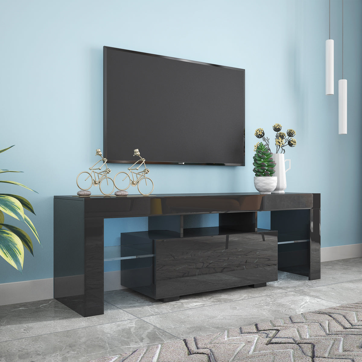 HAOYYE Black TV Stand with LED RGB Lights,Flat Screen TV Cabinet, Gaming Consoles - in Lounge Room, Living Room and Bedroom(Black) Sturdy Space-Saving Heavy Duty Modern Design Easy Assembly Durable Stylish