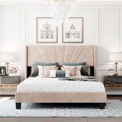 HAOYYE Queen Size Velvet Upholstered Platform Bed, Box Spring Needed - Beige Sturdy Space-Saving Heavy Duty Modern Design Adults Dorm Room Easy Assembly Bedroom Furniture