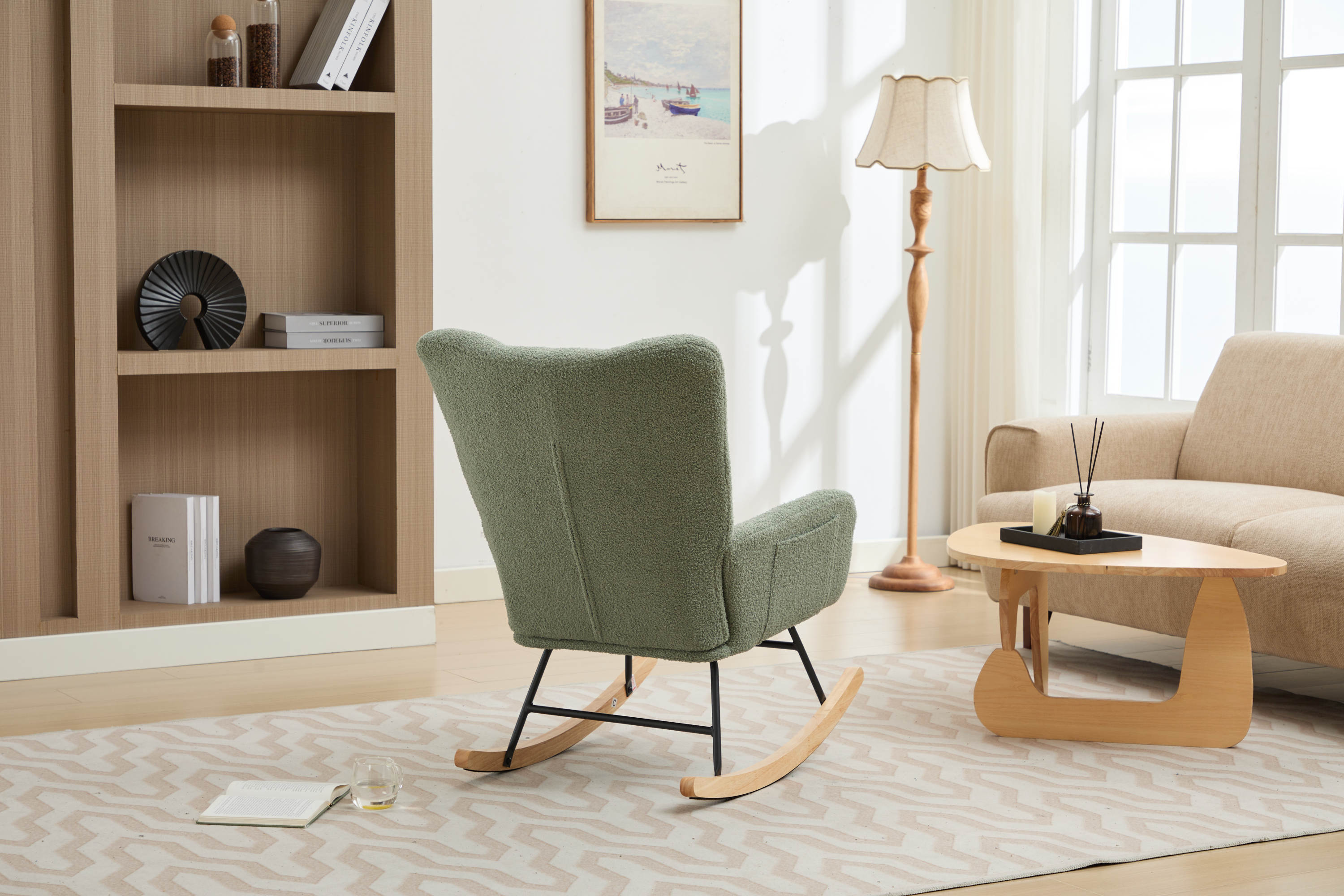 Haoyye Modern Upholstered Nursery Rocking Chair with High Backrest, Teddy Fabric Glider Accent Armchair with Solid Wood Legs and Metal Frame, Comfortable Rocker for Bedroom, Living Room or Lounge, Gentle Swing Chair in Green