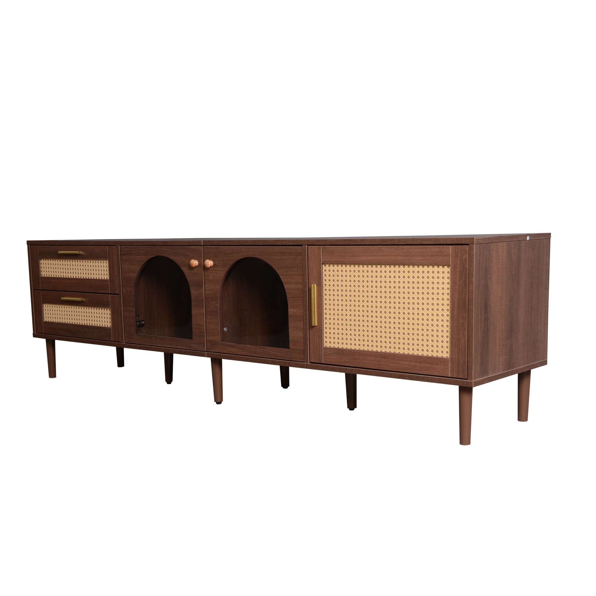 HAOYYE Rattan TV Stand with 3 Cabinets & 2 Drawers, Rattan-Inspired Media Console Table for TVs up to 80", LED Light Entertainment Center, TV Cabinet for Living Room, Bedroom, Home Theater, Sturdy Heavy Duty Construction