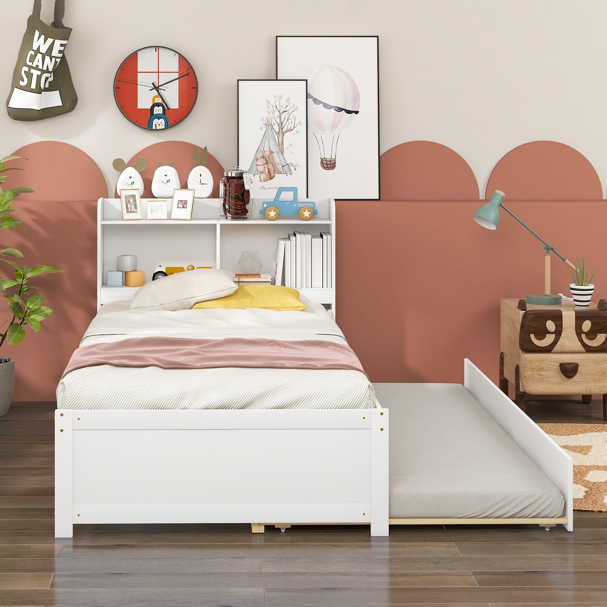 HAOYYE Twin Bed with Trundle,Bookcase,White Sturdy Space-Saving Heavy Duty Modern Design Adults Dorm Room Easy Assembly Bedroom Furniture