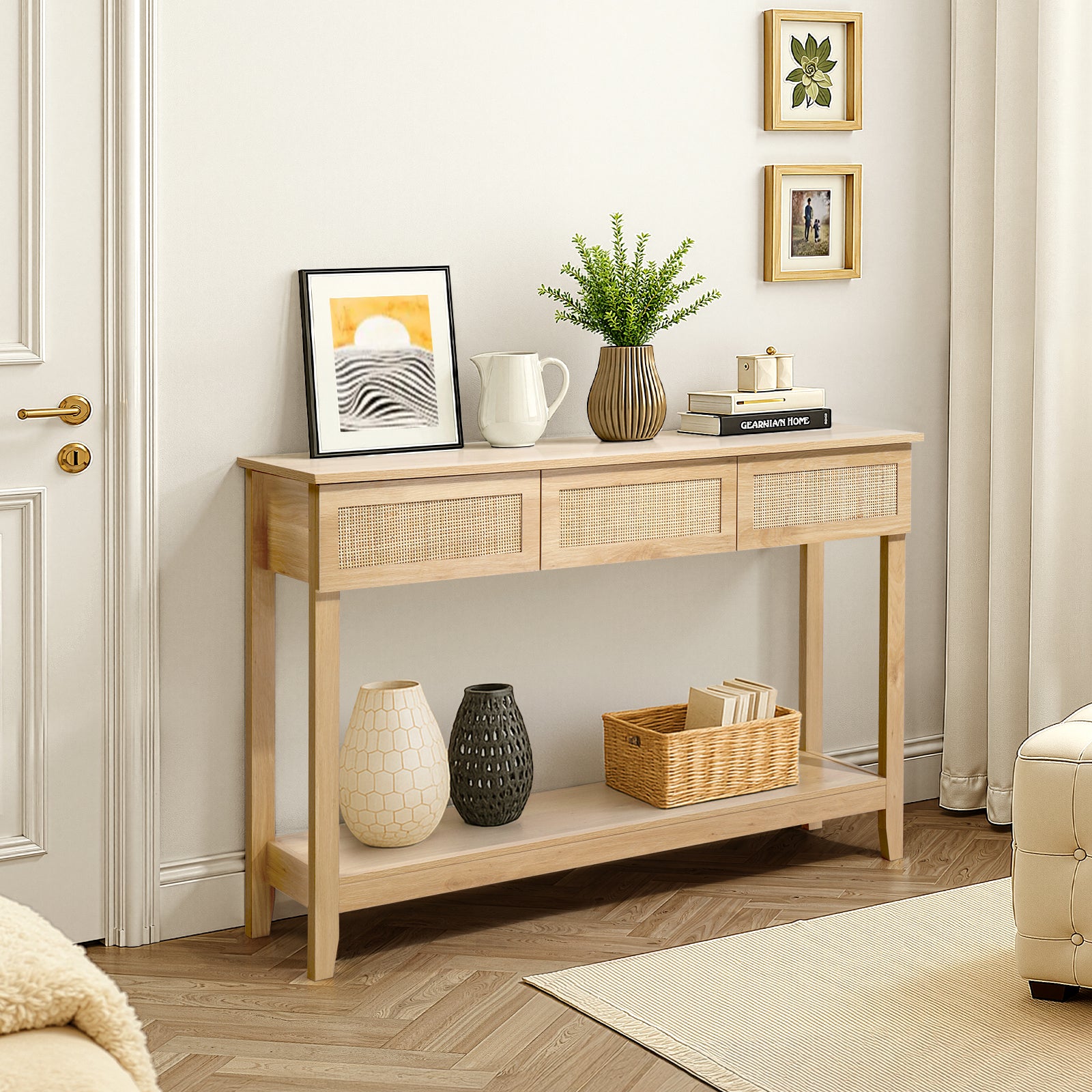 HAOYYE Natural Wood Boho Style Rattan Console Table with 3 Drawers and Open Storage Shelf, Narrow Entryway Sofa Table for Hallway Foyer Behind Couch, Rustic Farmhouse Accent Table