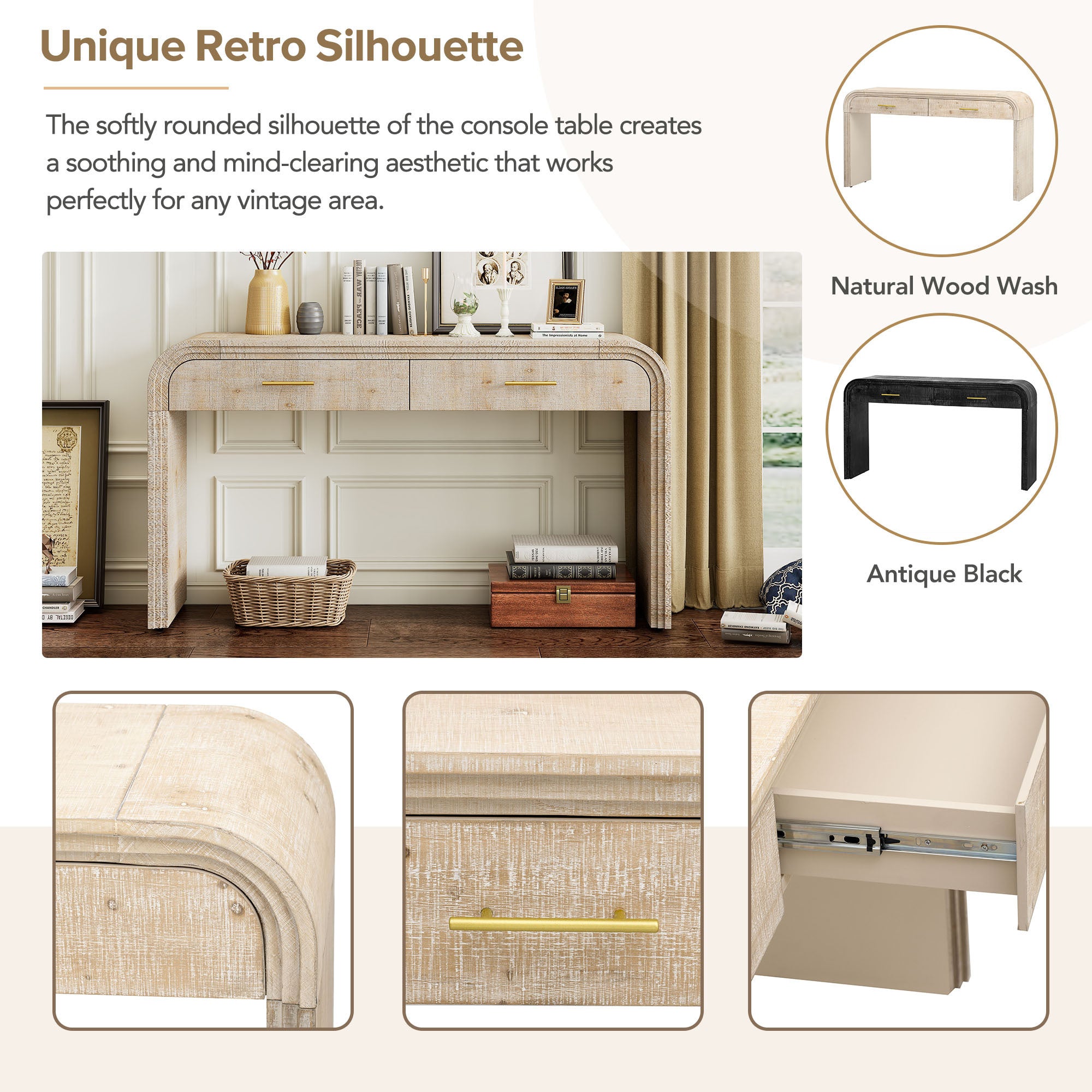 HAOYYE Unique Retro Silhouette Console Table with Open Style, Two Top Drawers for Entrance, Dining Room, Living Room, Natural Wood Wash Finish, Sturdy Space-Saving Heavy Duty Modern Design, Ideal for Adults