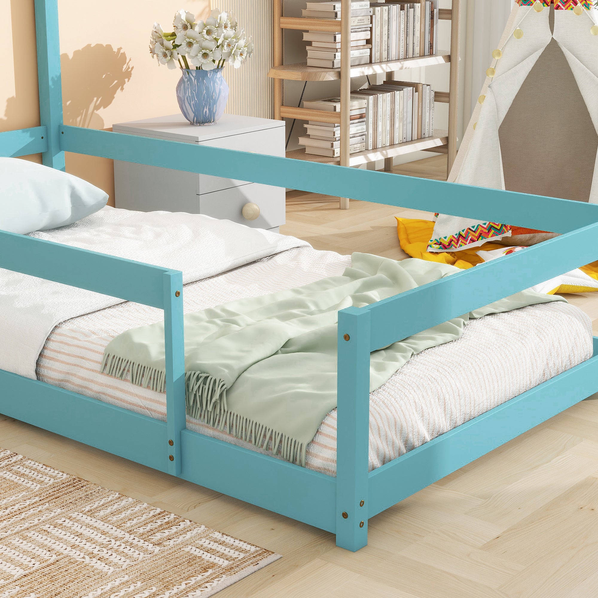 HAOYYE Twin Size Wood Bed with House-Shaped Headboard, Floor Bed with Fences, Sturdy Space-Saving Design, Easy Assembly for Bedroom, Dorm Room, and Modern Home Decor
