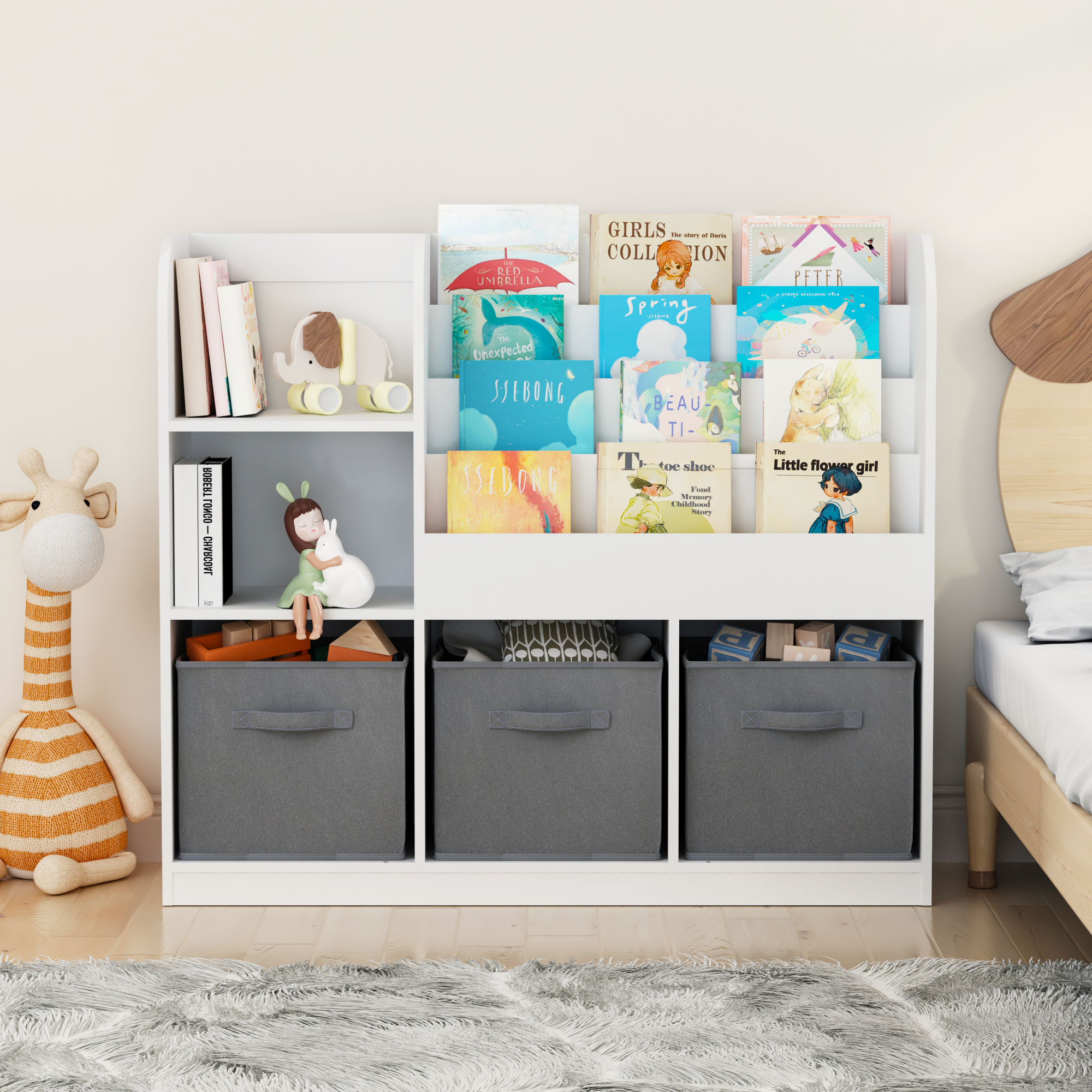 HAOYYE Bookcase and Bookshelf, Multifunctional Display Stand With 3 Collapsible Fabric Drawers, Toy Storage Organizer for Bedroom, Playroom, or Hallway, White/Gray, Sturdy Space-Saving Design