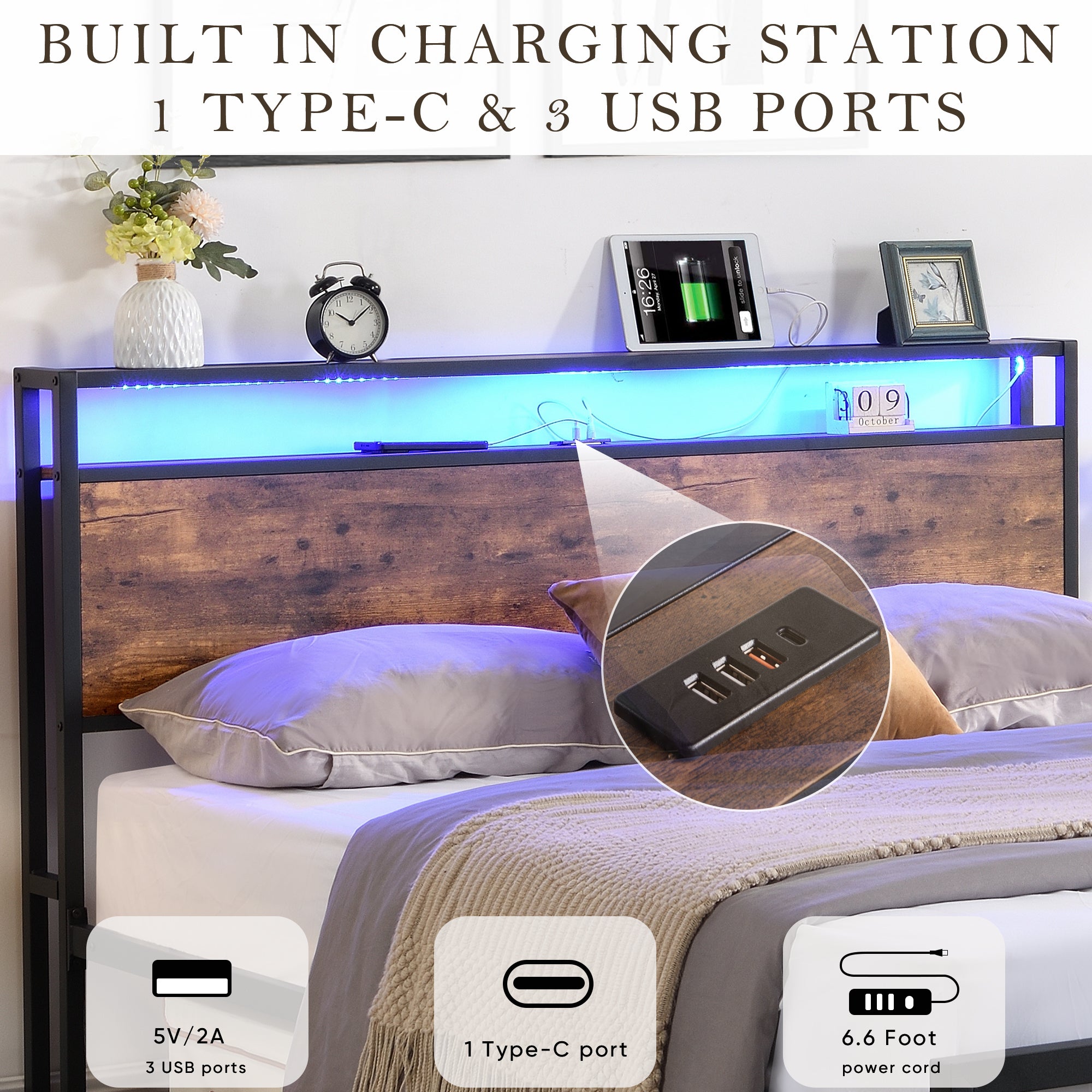 HAOYYE Full Size Bed Frame with Storage Headboard and 2 Drawers, LED Lights Bed with Charging Station, Metal Platform Bed No Noise, Mattress Foundation Strong Metal Slats Support No Box Spring Needed Sturdy