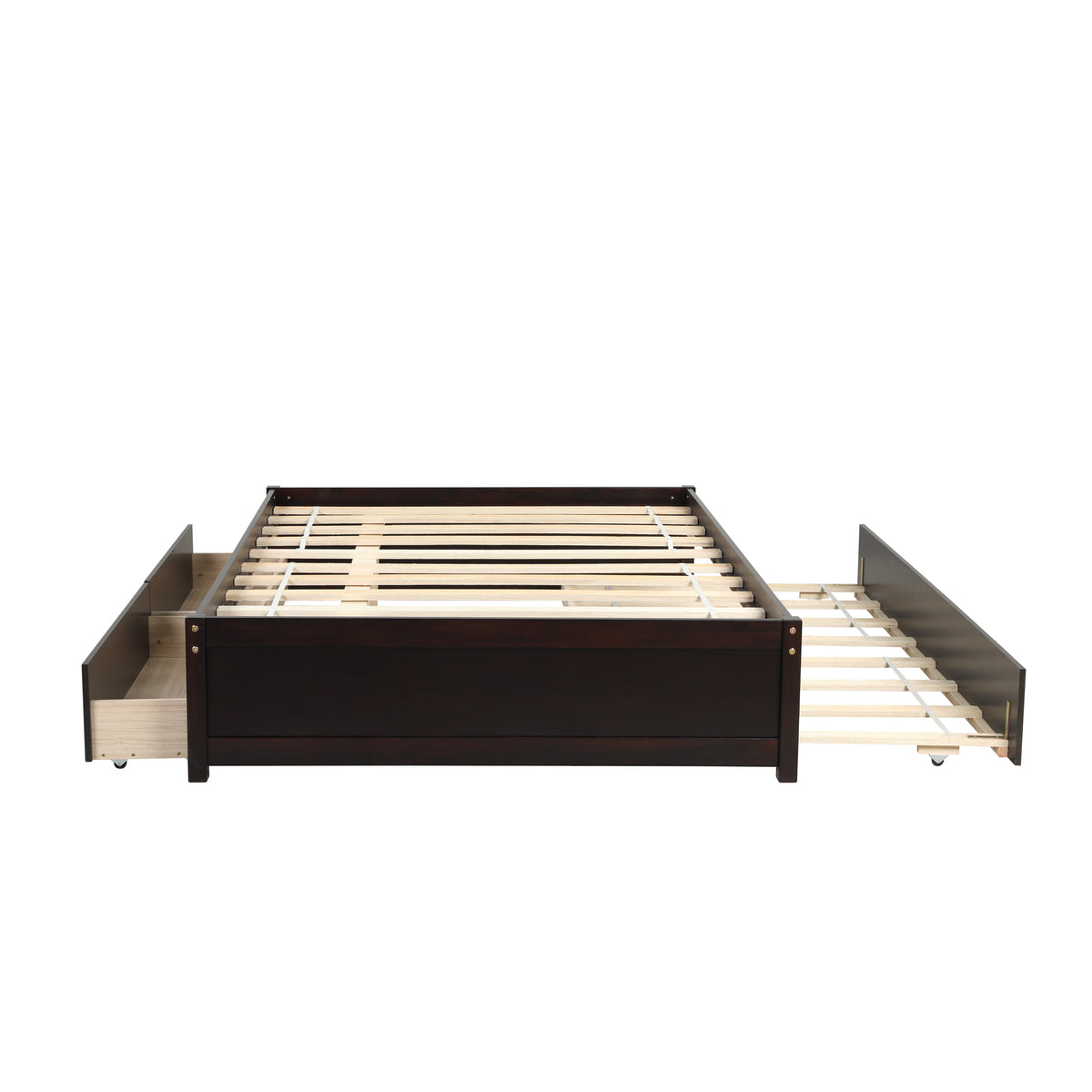 HAOYYE Full Bed With Trundle And Two Storage Drawers, Espresso Wood Platform Bed Frame, Space-Saving Heavy Duty Design, Modern Style For Bedroom Or Dorm Room, Easy Assembly