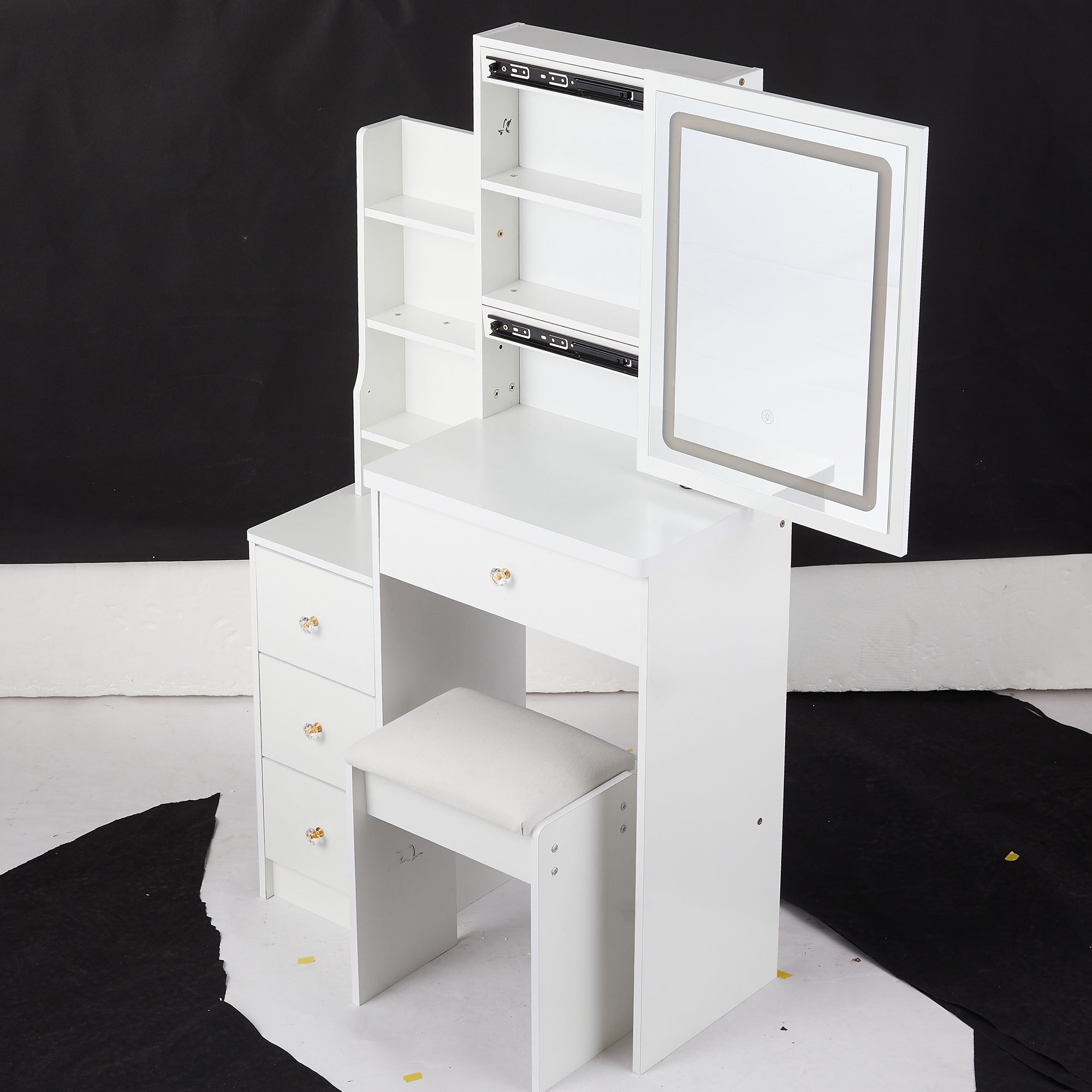 HAOYYE Small Vanity Table Set With Touch Control Sliding LED Mirror, Tri-Color Switching, Adjustable Brightness, Multi-Layer Storage, Includes Cushioned Stool, Ideal For Compact Spaces, EPA, GCC, And UL Certified
