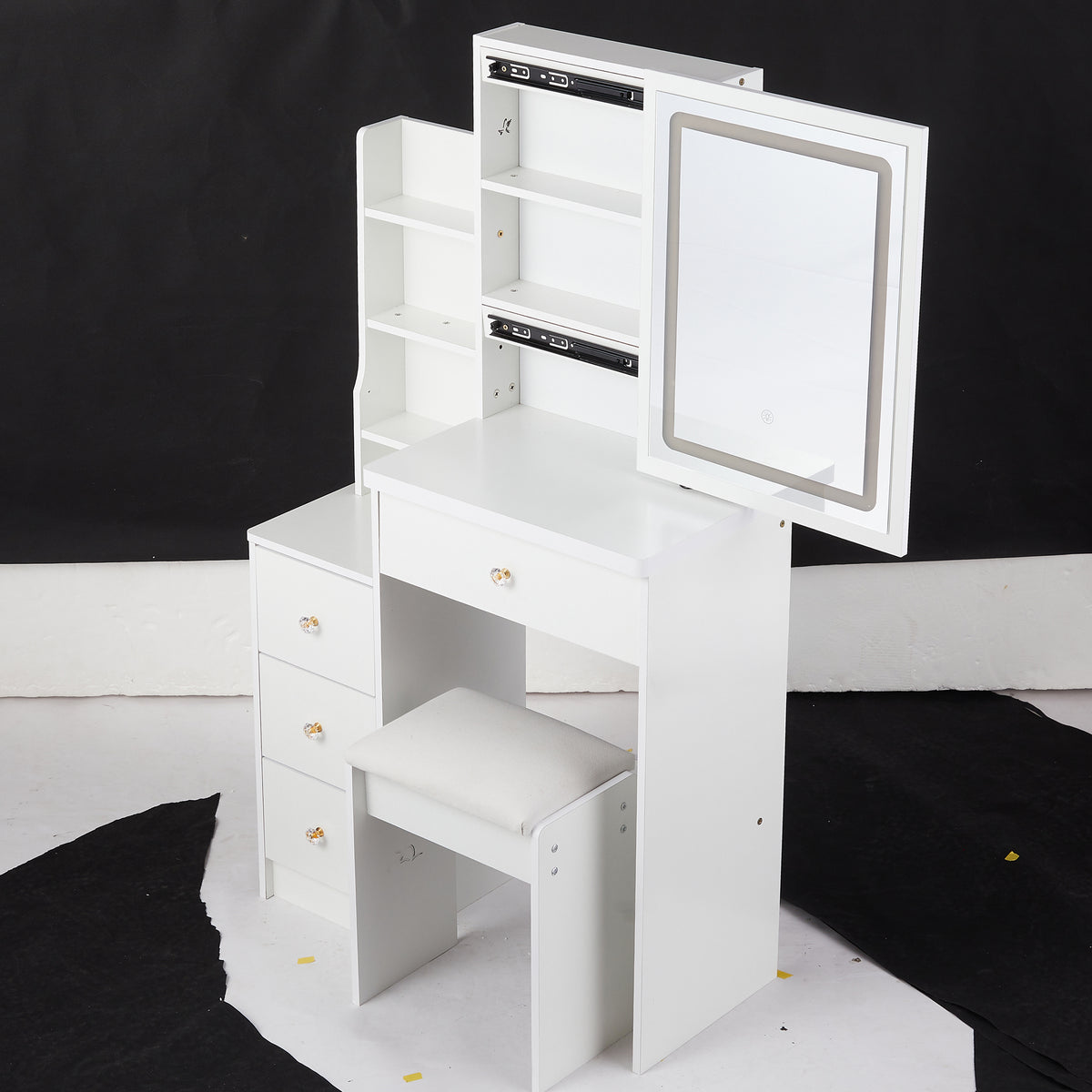 HAOYYE Small Vanity Table Set With Touch Control Sliding LED Mirror, Tri-Color Switching, Adjustable Brightness, Multi-Layer Storage, Includes Cushioned Stool, Ideal For Compact Spaces, EPA, GCC, And UL Certified