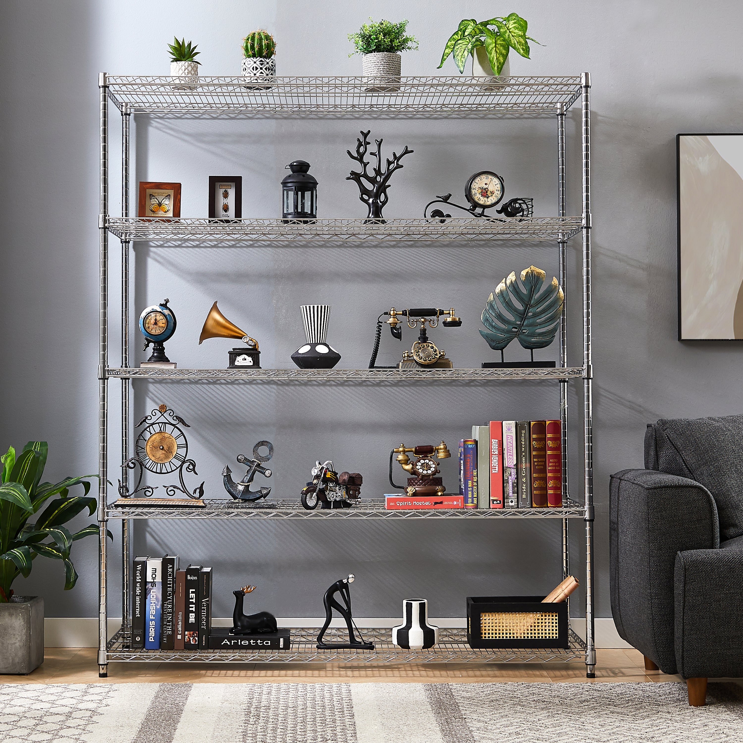 HAOYYE 5-Layer Heavy Duty Adjustable Shelving Unit with Wheels and Adjustable Feet, Sturdy Metal Storage Rack for Warehouse, Supermarket, Kitchen and Commercial Use, Each Shelf Supports 300 Lbs, Space-Saving Industrial Design, Easy Assembly