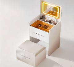 HAOYYE 3-in-1 Vanity Desk with Flip-Top Mirror, Small Makeup Vanity Set with Glass Desktop, Compact Dressing Table with 3 Drawers and Cushioned Stool, Christmas Gift, Sturdy and Stylish Home Furniture