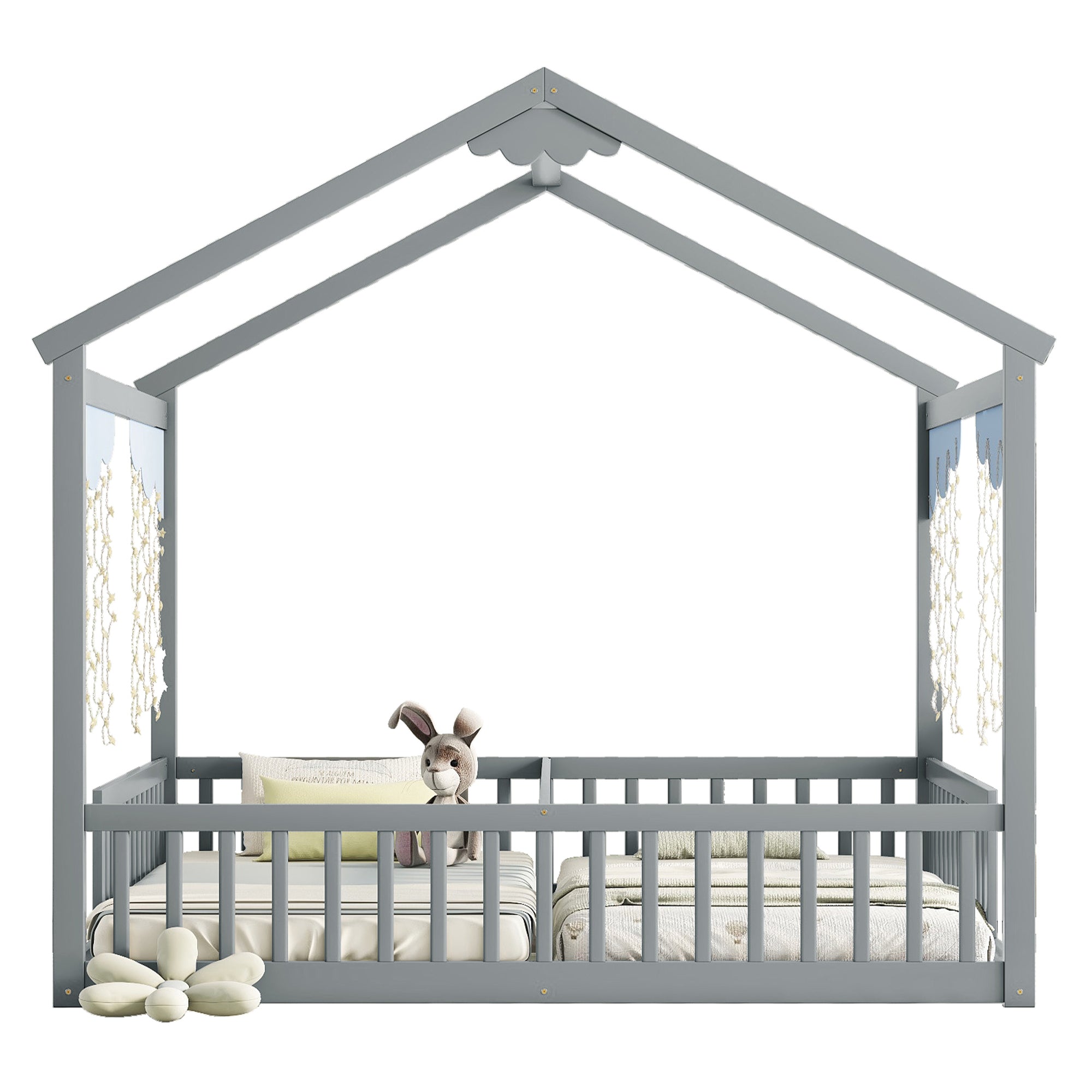HAOYYE Double Twin House-Style Floor Bed with Fence, Guardrails, without door, Grey Sturdy Space-Saving Heavy Duty Modern Design Adults Dorm Room Easy Assembly Bedroom Furniture