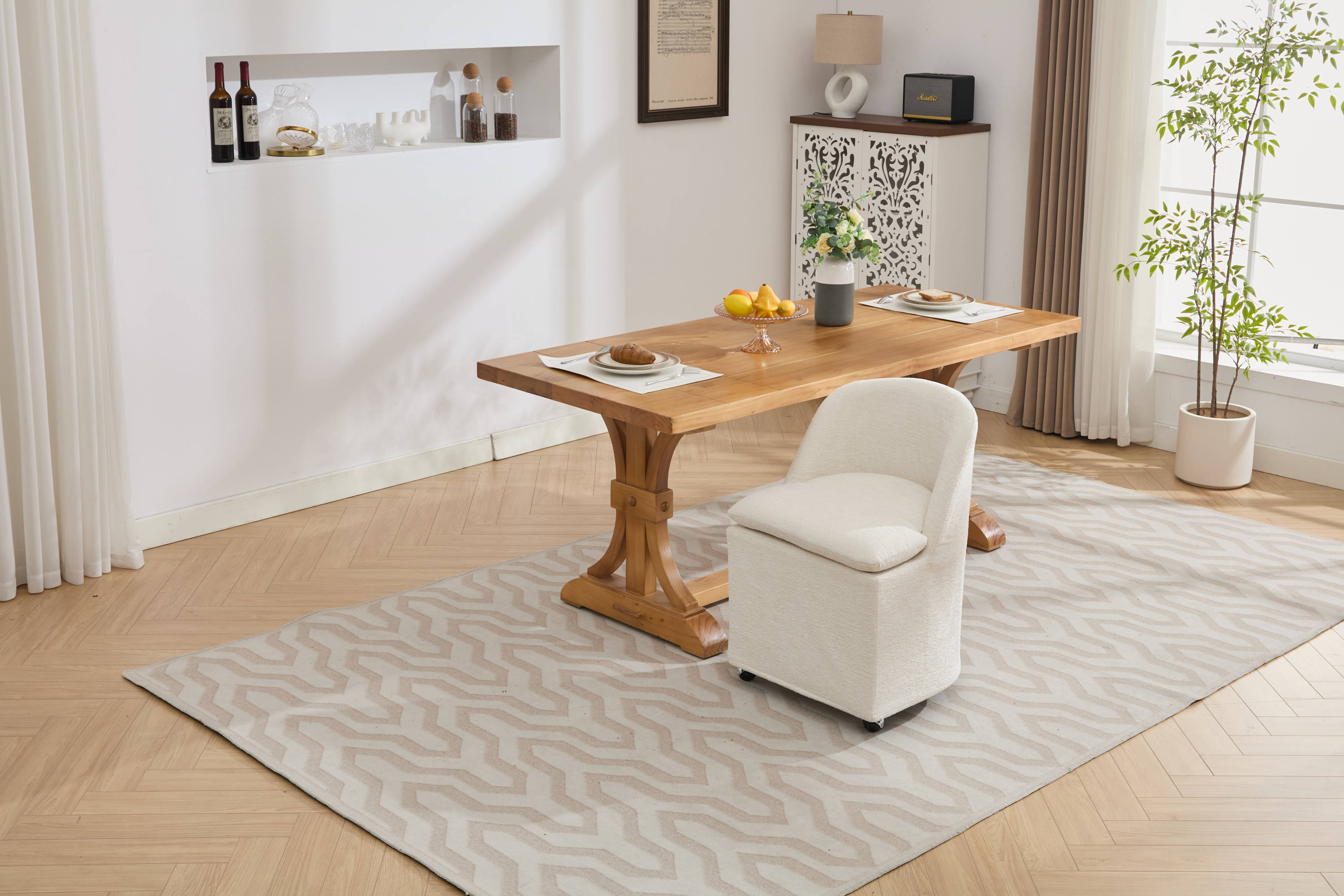 HAOYYE 058-Set of 2 Chenille Fabric Dining Chairs With Universal Wheels,Beige Sturdy Space-Saving Heavy Duty Modern Design Adults Dorm Room Easy Assembly Bedroom Furniture