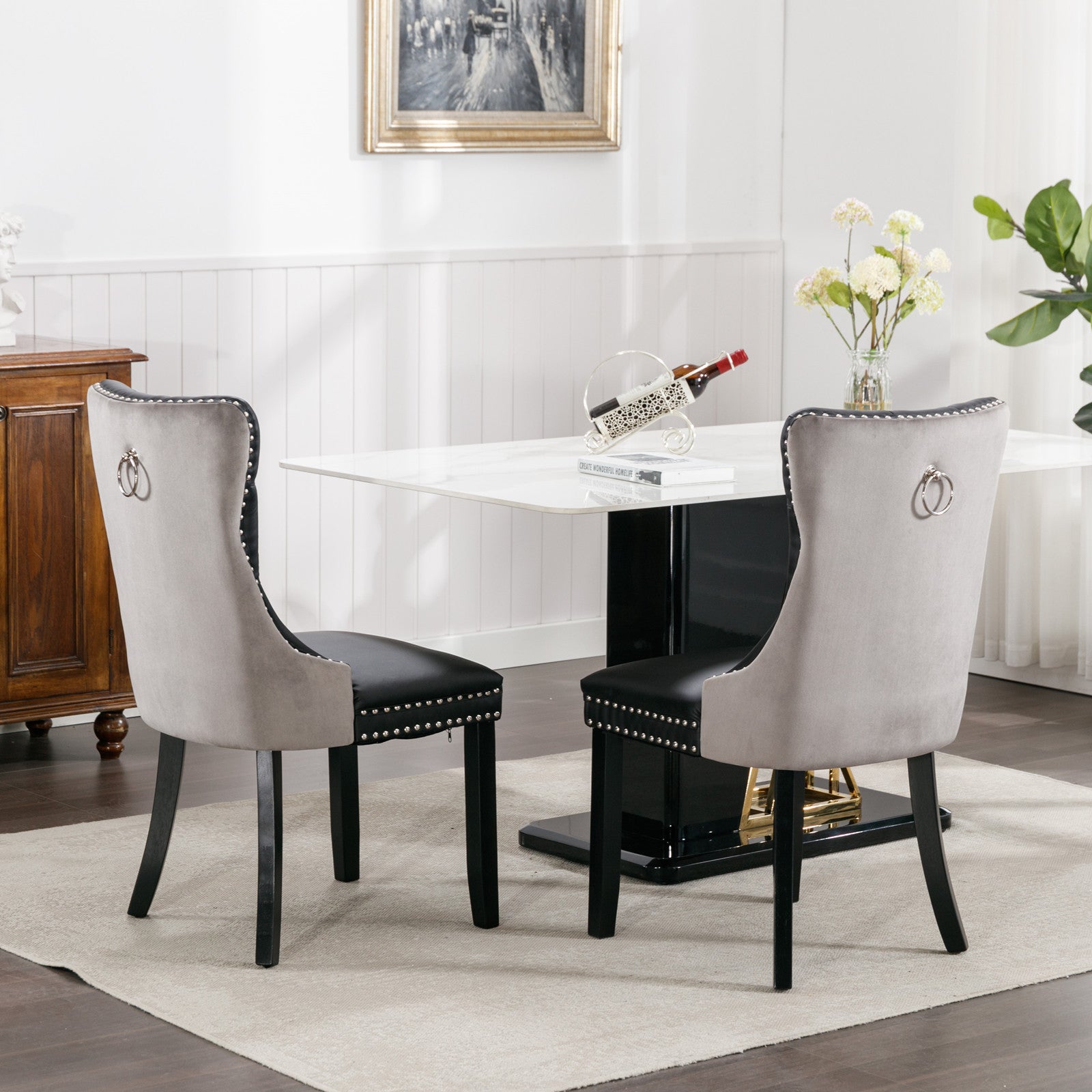 HAOYYE Nikki Collection Modern, High-end Tufted Solid Wood Contemporary PU and Velvet Upholstered Dining Chair with Wood Legs Nailhead Trim 2-Pcs Set lack+Gray, SW2101BG Sturdy Space-Saving