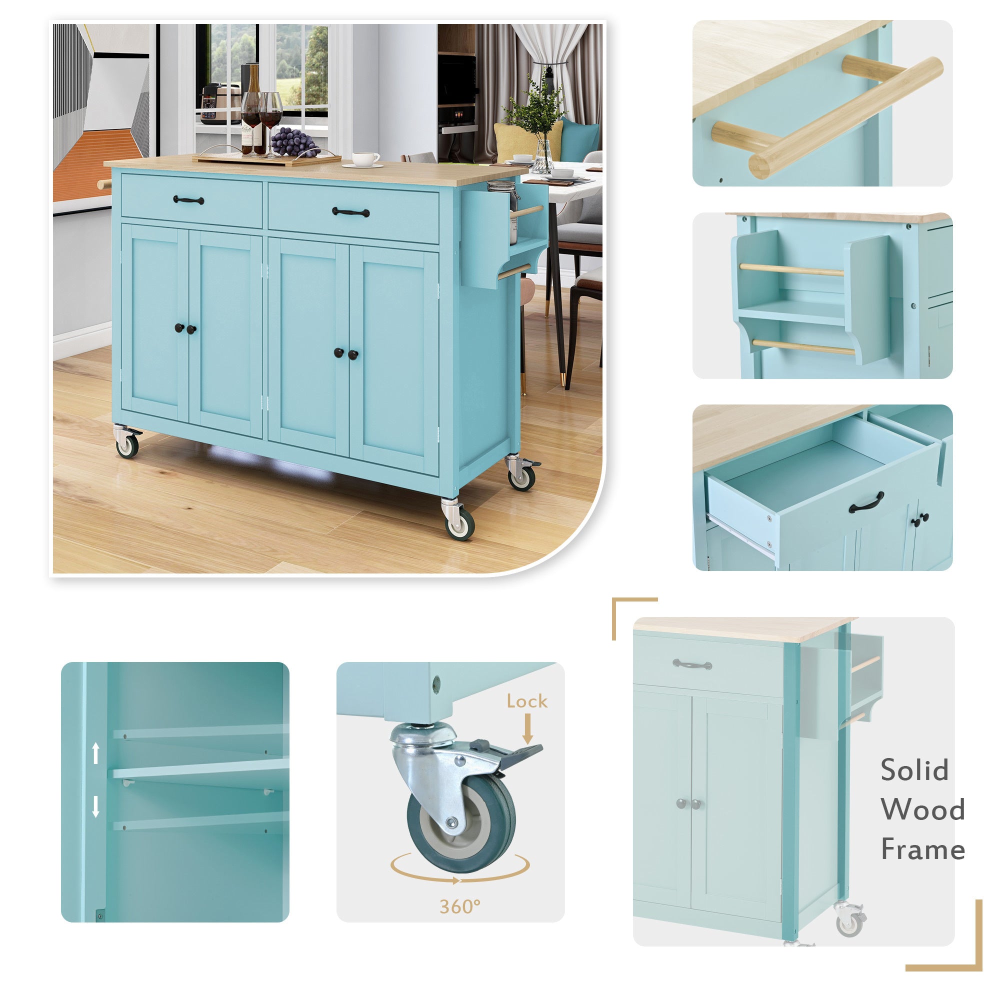 HAOYYE Kitchen Island Cart, Mint Green, with Solid Wood Top, 4-Door Cabinet, 2 Drawers, Adjustable Shelves, Spice Rack, Towel Bar, and 2 Locking Wheels. Modern, Space-Saving, Sturdy Heavy Duty Design for Easy Assembly and Versatile Use