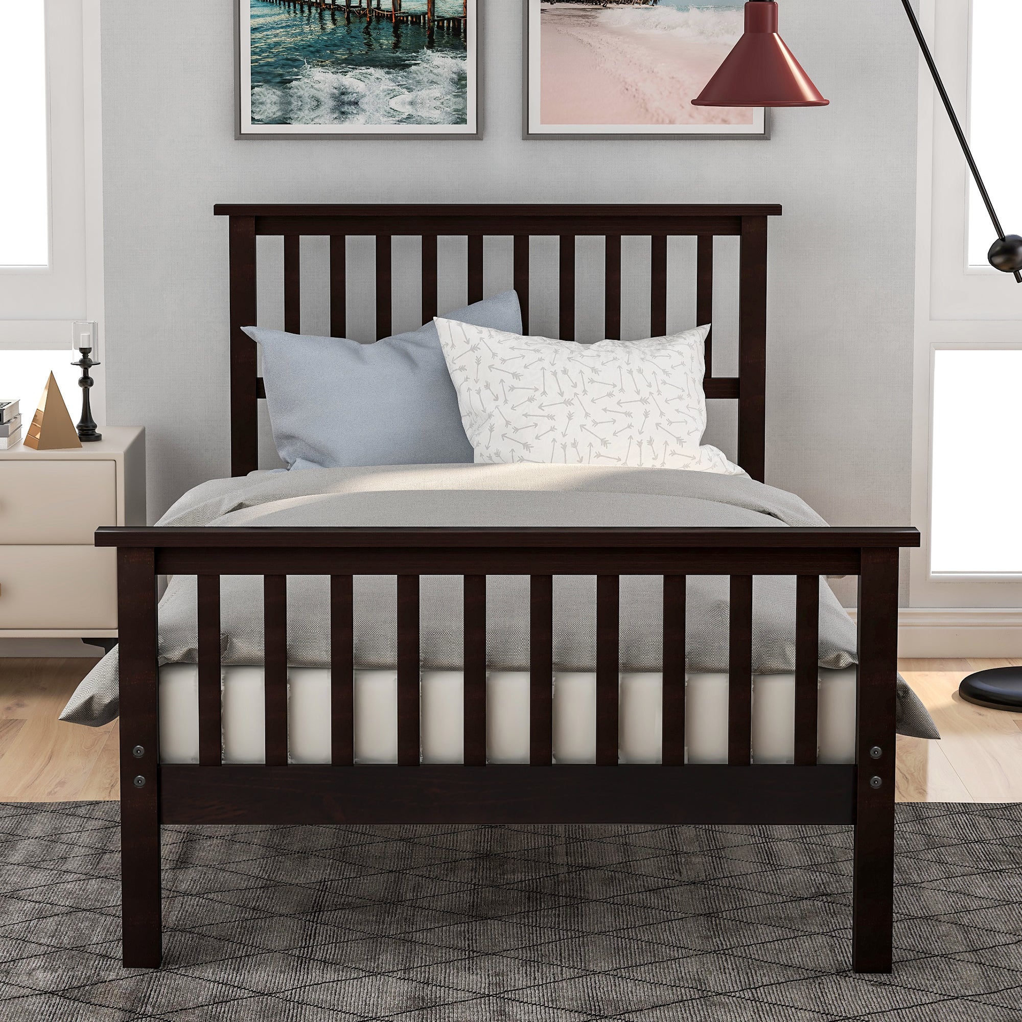 HAOYYE Wood Platform Bed Twin Bed with Headboard and Footboard (Espresso) Sturdy Space-Saving Heavy Duty Modern Design Easy Assembly Durable Stylish Home Furniture Versatile