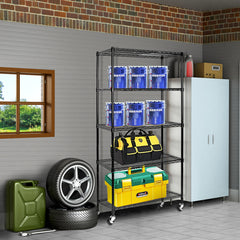 HAOYYE 5-Tier Heavy Duty Metal Storage Rack Adjustable Wire Shelving Unit with Wheels NSF-Certified Freestanding Steel Organizer Rolling Utility Shelf for Pantry Kitchen Garage Office Basement Laundry Room Black Space-Saving Design