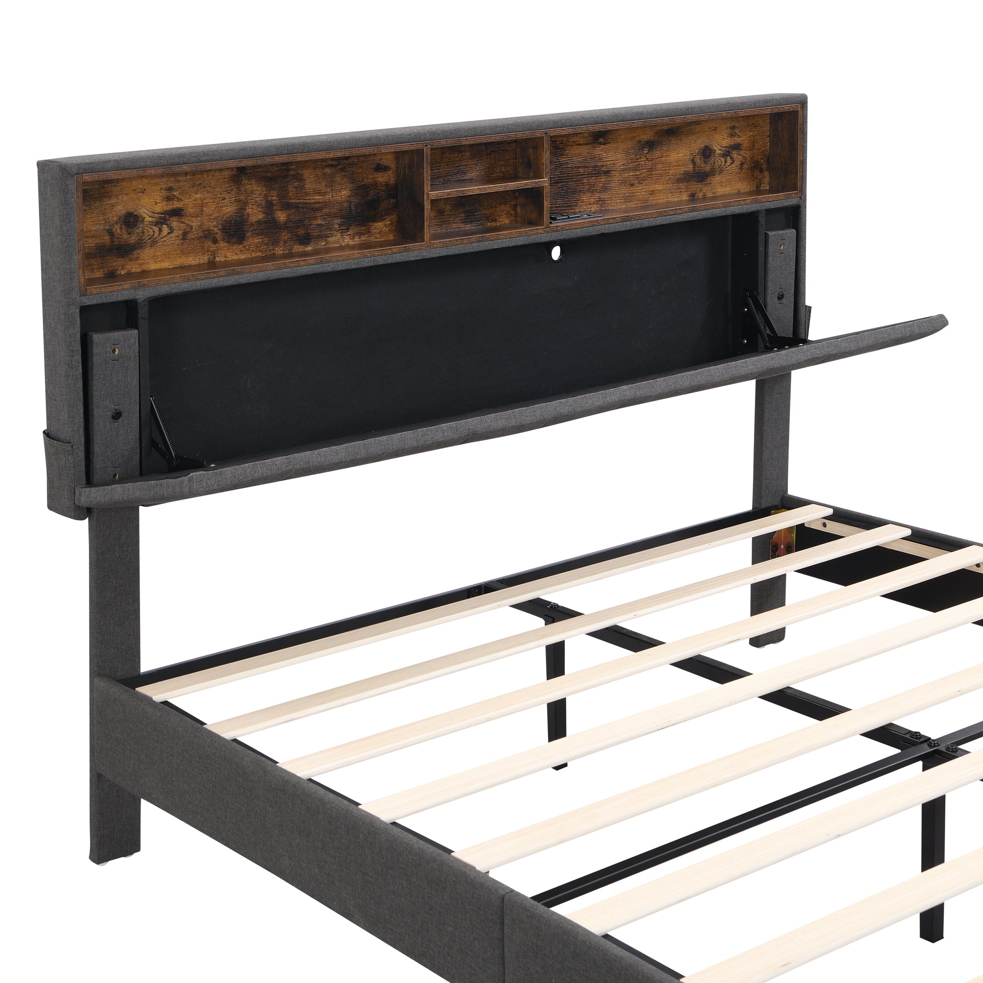 HAOYYE Queen Size Upholstered Platform Bed with Storage Headboard and USB Port, Linen Fabric Upholstered Bed (Gray) Sturdy Space-Saving Heavy Duty Modern Design Adults Dorm Room Easy Assembly