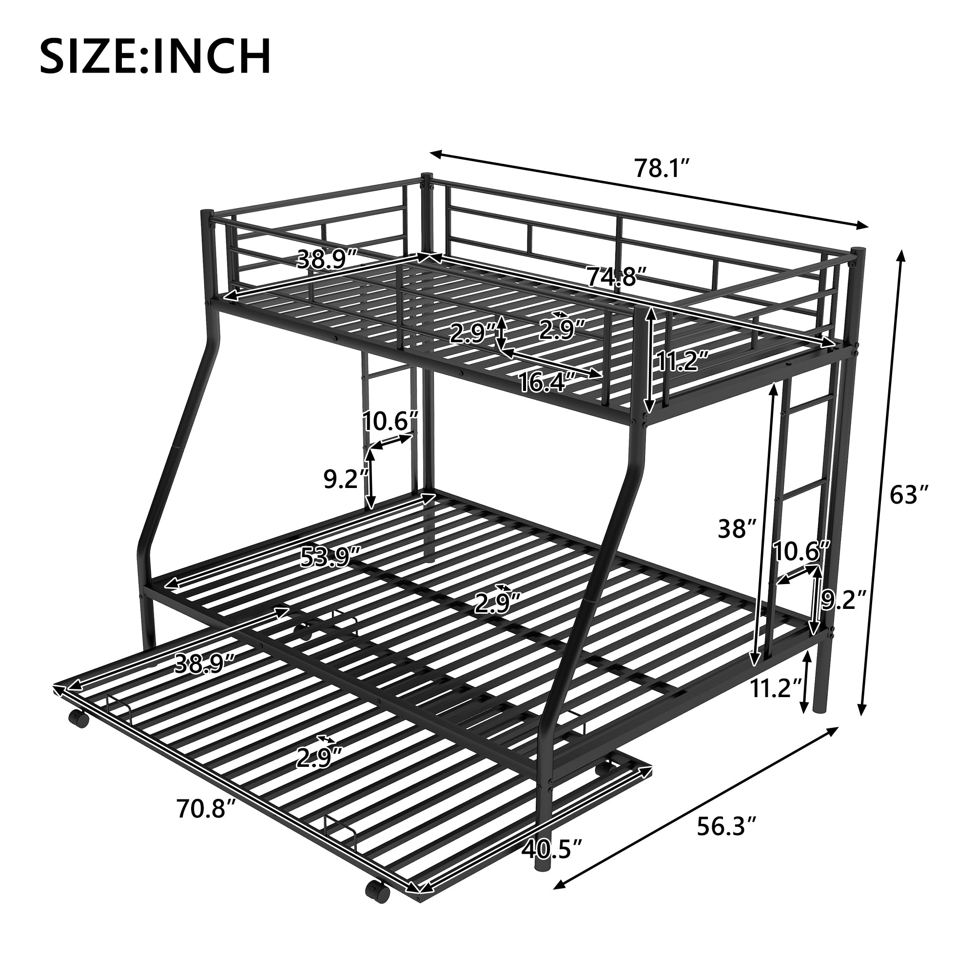 HAOYYE Twin over Full Bed with Sturdy Steel Frame, Bunk Bed with Twin Size Trundle, Two-Side Ladders, Black Space-Saving Heavy Duty Modern Design Easy Assembly Durable Stylish Versatile
