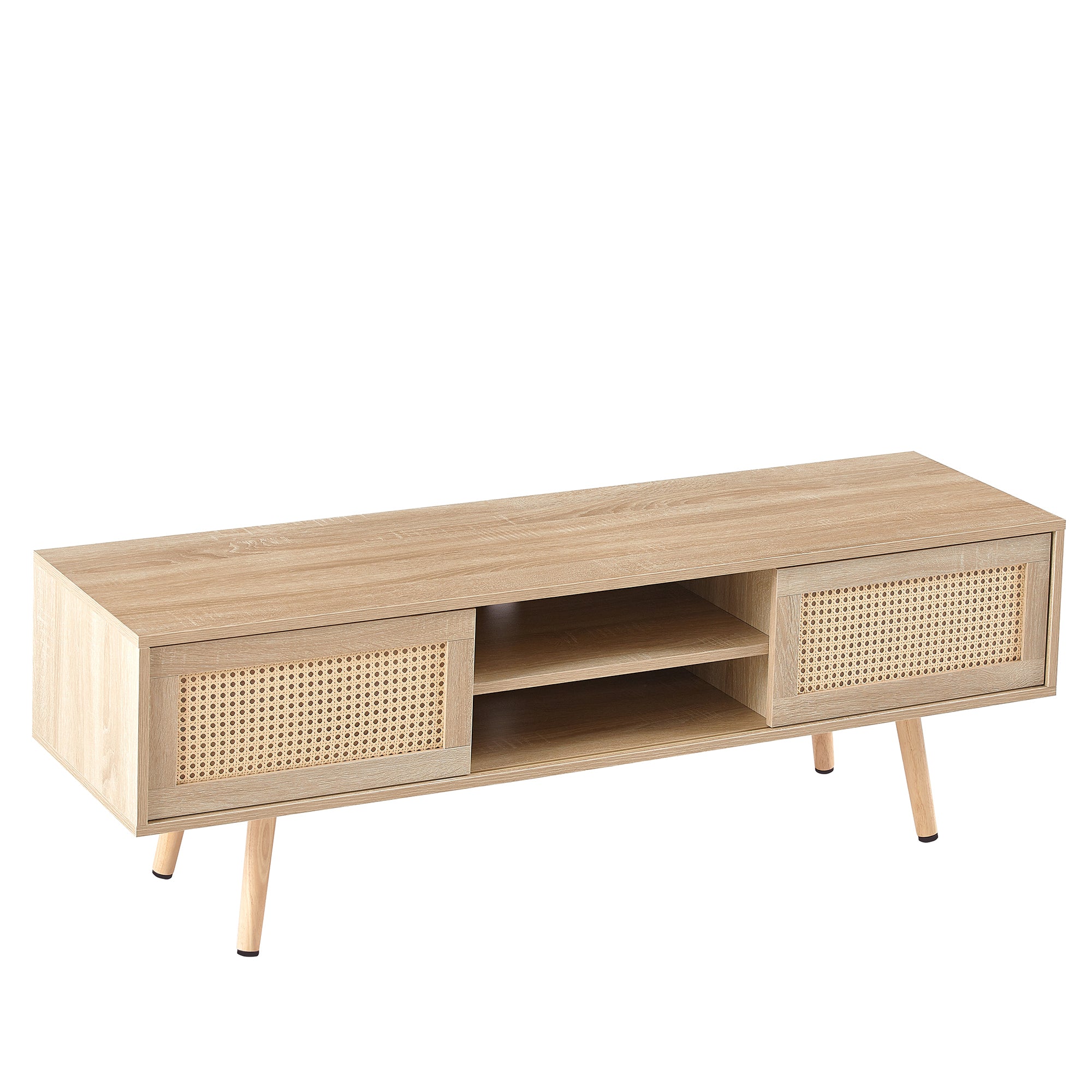 HAOYYE 55.12" Rattan TV cabinet, double sliding doors for storage, adjustable shelf, solid wood legs, TV console for living room ,natural Sturdy Space-Saving Heavy Duty Modern Design Adults Dorm Room
