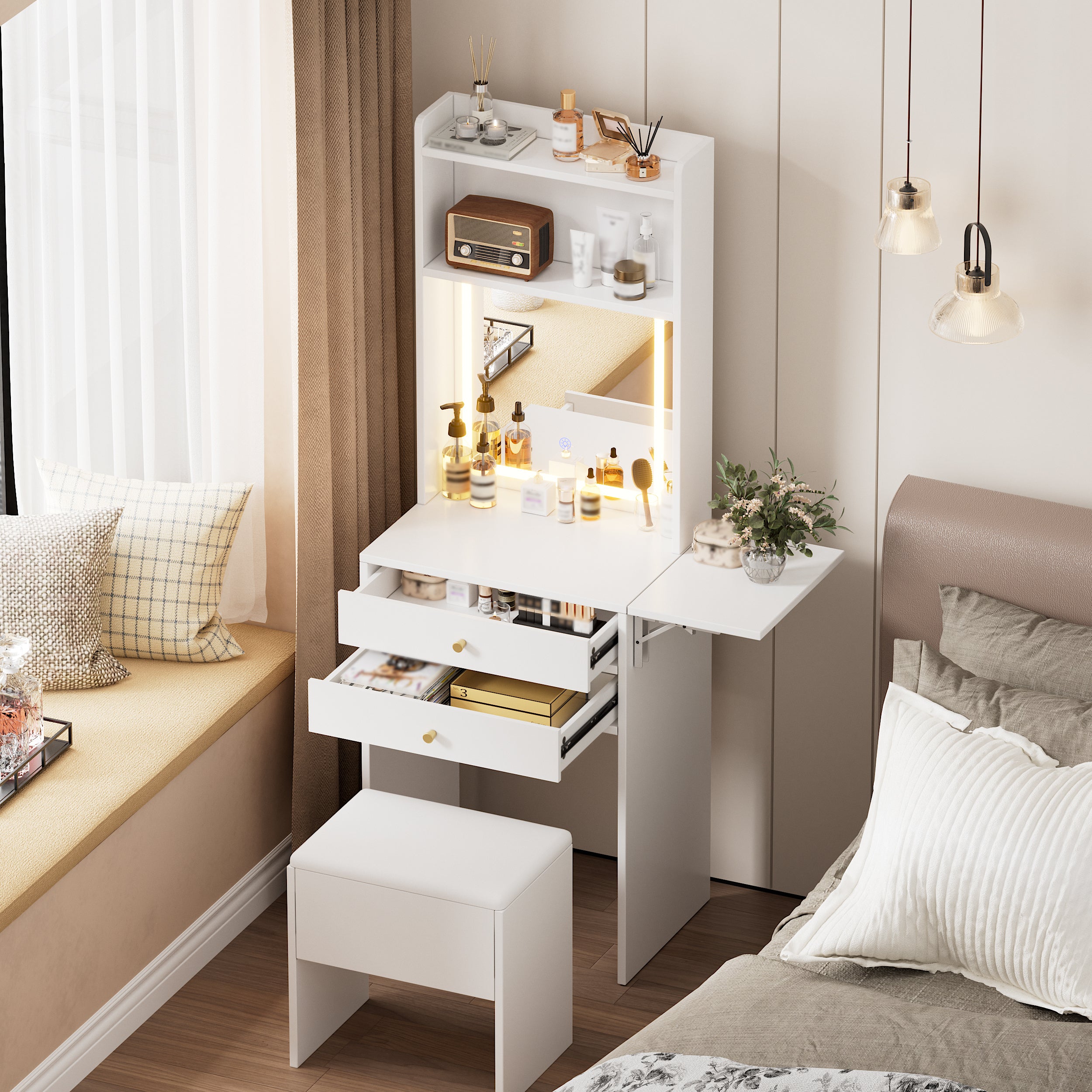 HAOYYE Small Space Vanity Table Set with 3 Adjustable Lighted Mirror and Storage Chair, Makeup Vanity Table for Small Space, White Dressing Table with Fold-up Panel for Bedroom